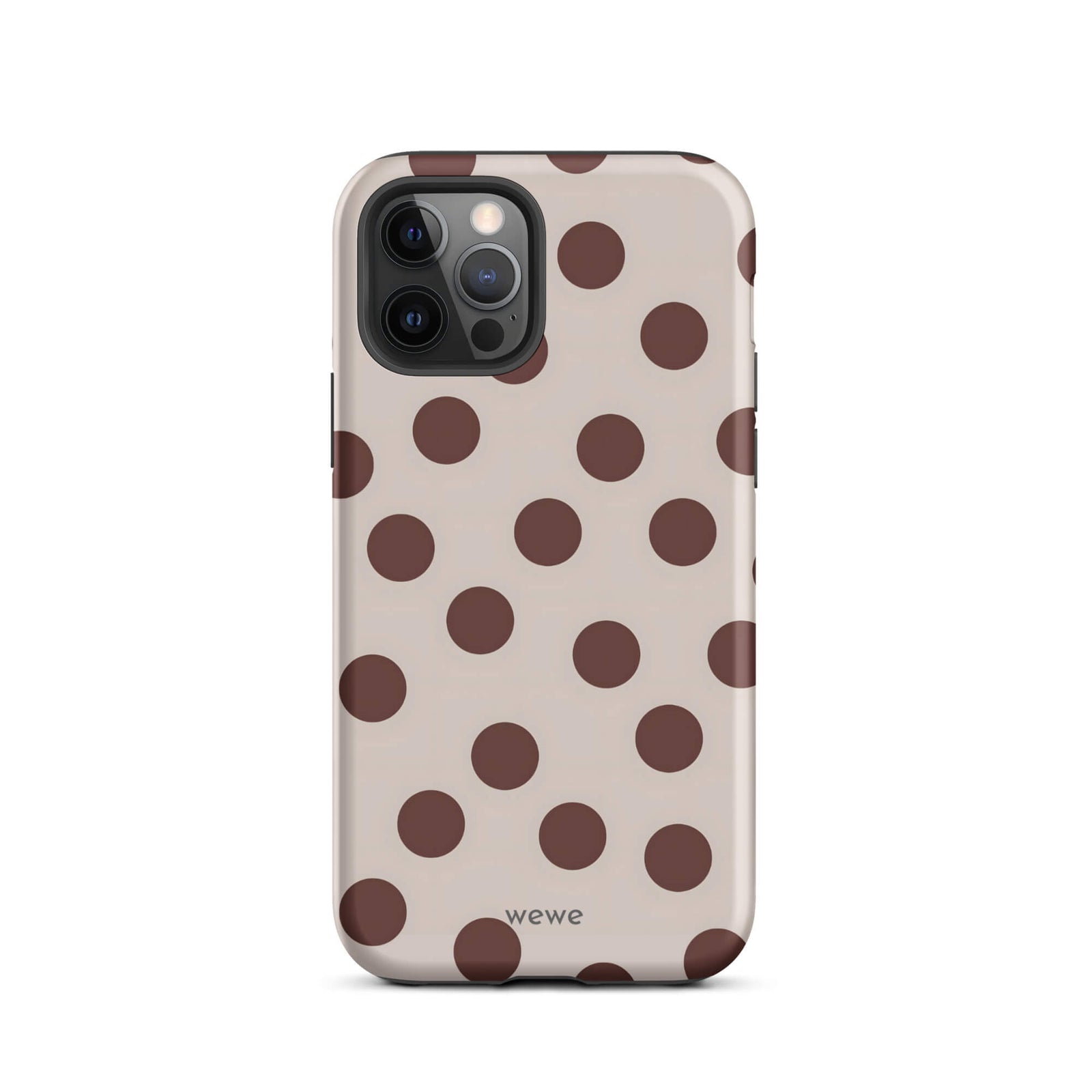 Custom iPhone 12 pro tough case in matte light beige/taupe with large dark brown (mocha) polka dots and 'wewe' branding at the bottom.