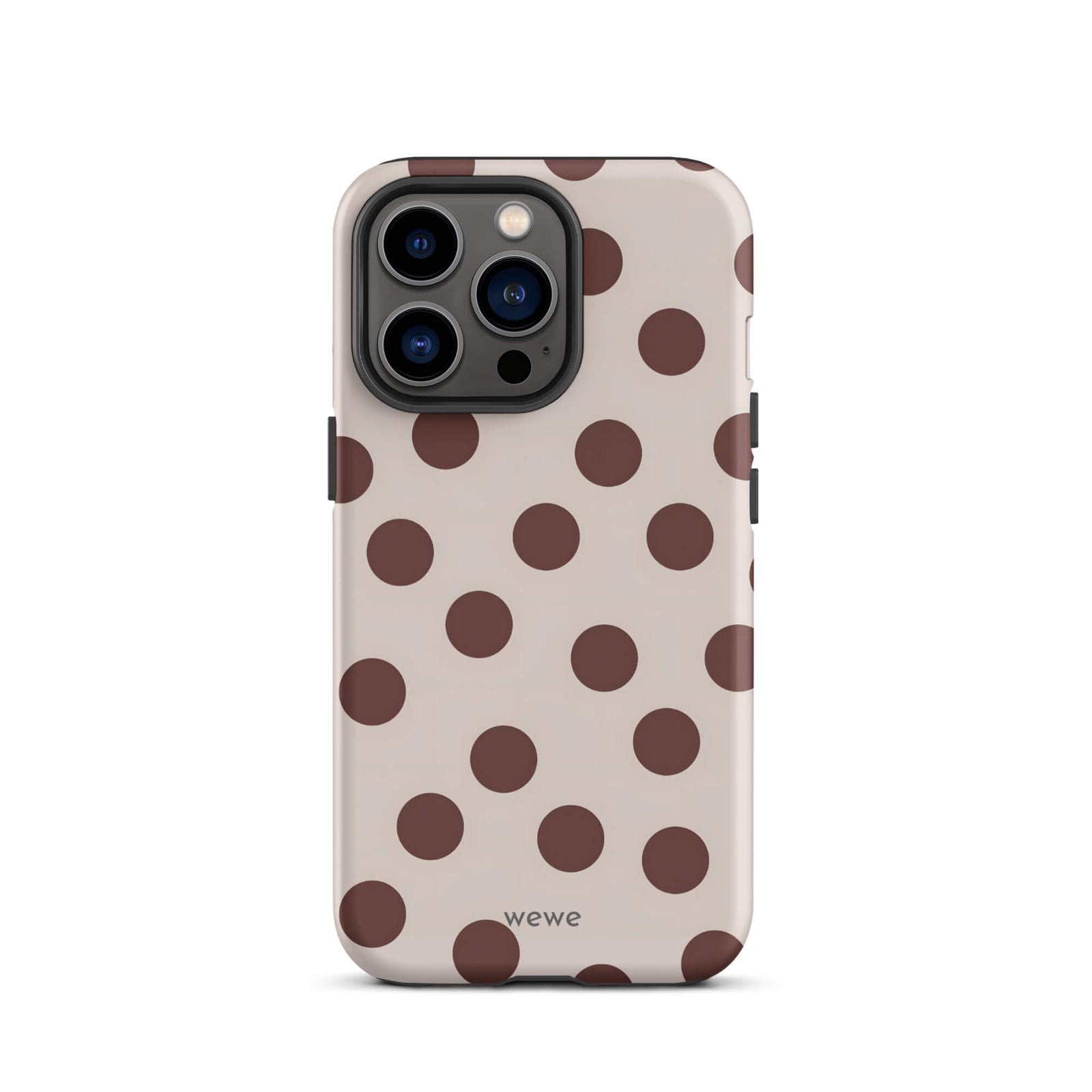 Custom iPhone 13 pro tough case in matte light beige/taupe with large dark brown (mocha) polka dots and 'wewe' branding at the bottom.