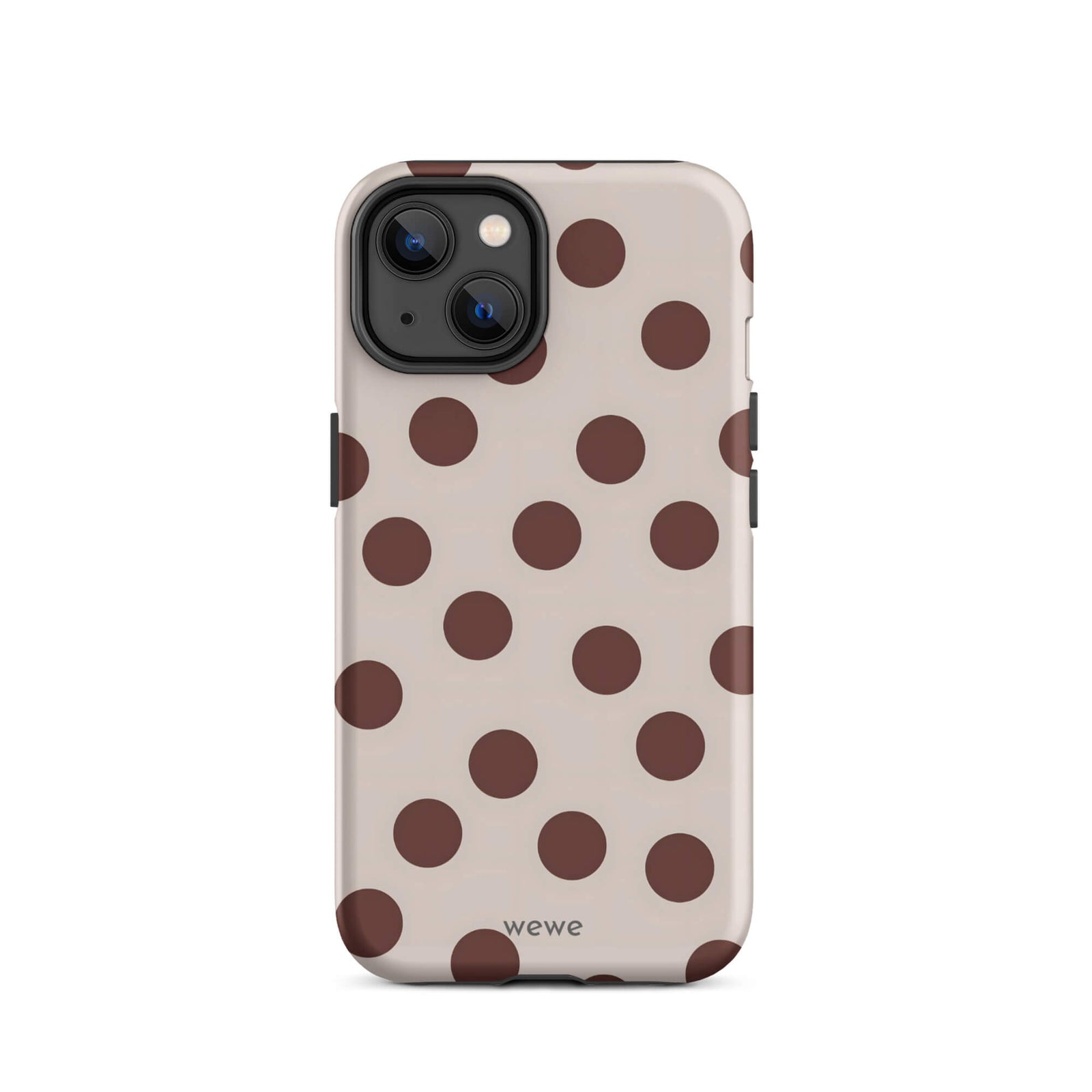 Custom iPhone 14 tough case in matte light beige/taupe with large dark brown (mocha) polka dots and 'wewe' branding at the bottom.