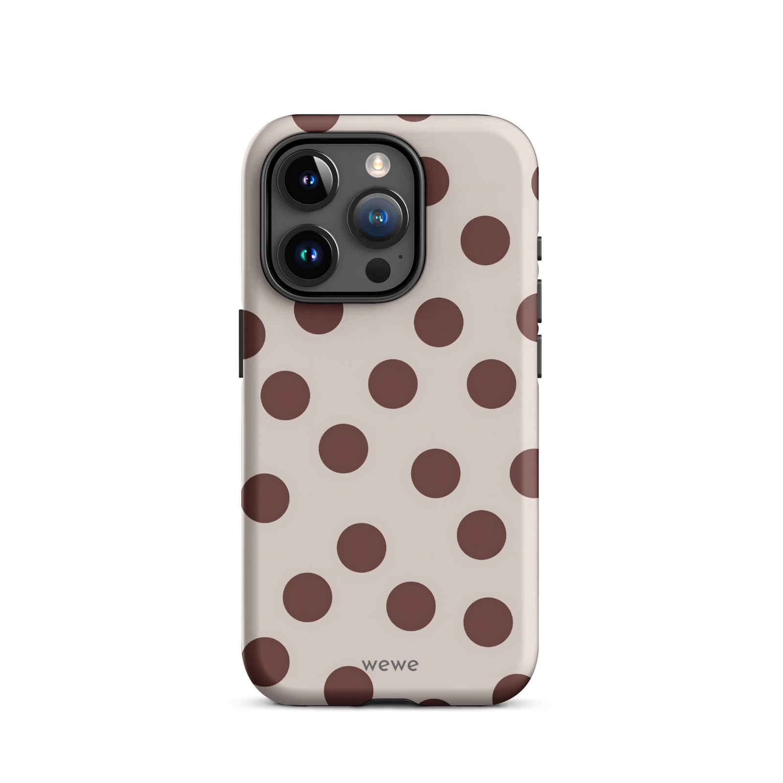 Custom iPhone 15 pro tough case in matte light beige/taupe with large dark brown (mocha) polka dots and 'wewe' branding at the bottom.