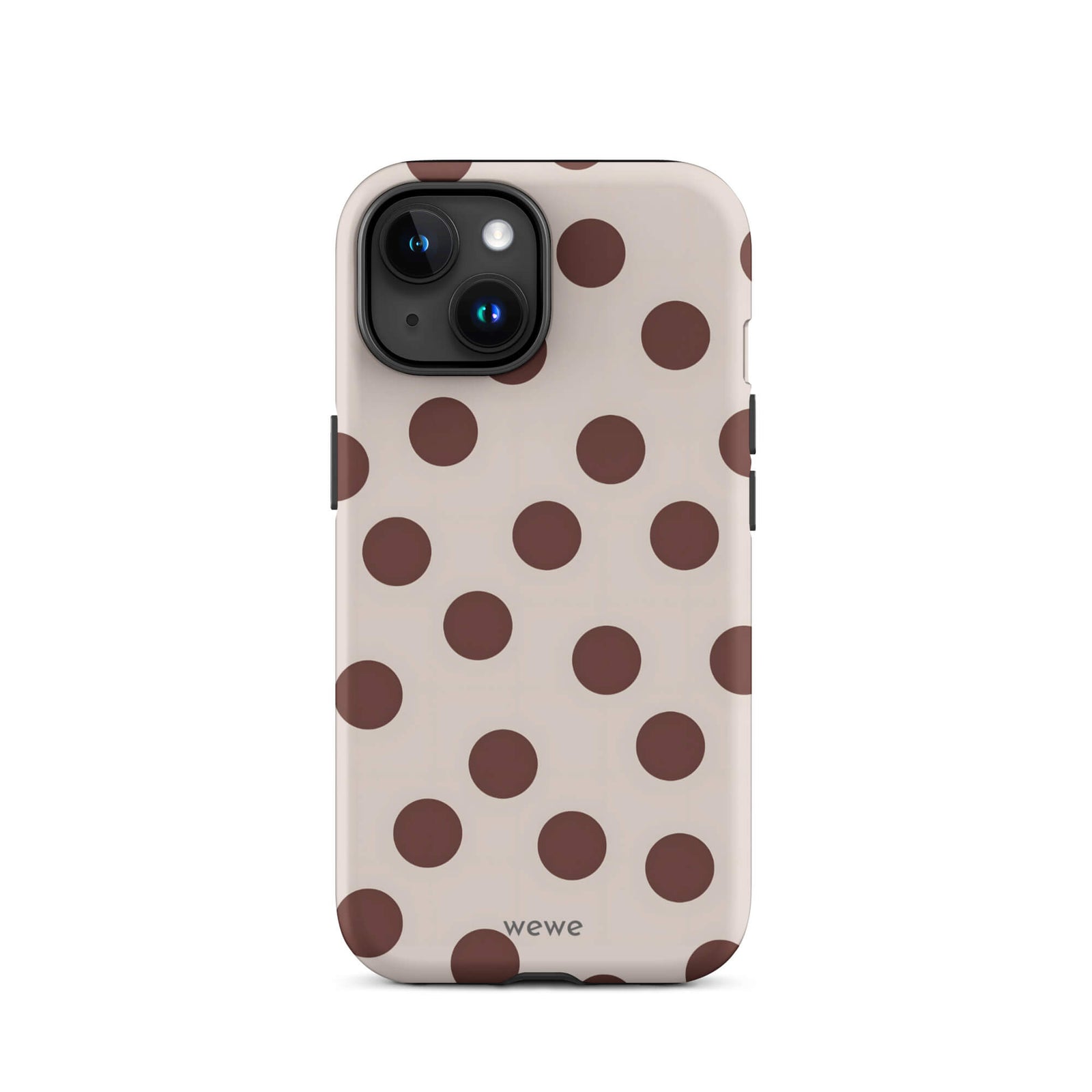 Custom iPhone 15 tough case in matte light beige/taupe with large dark brown (mocha) polka dots and 'wewe' branding at the bottom.