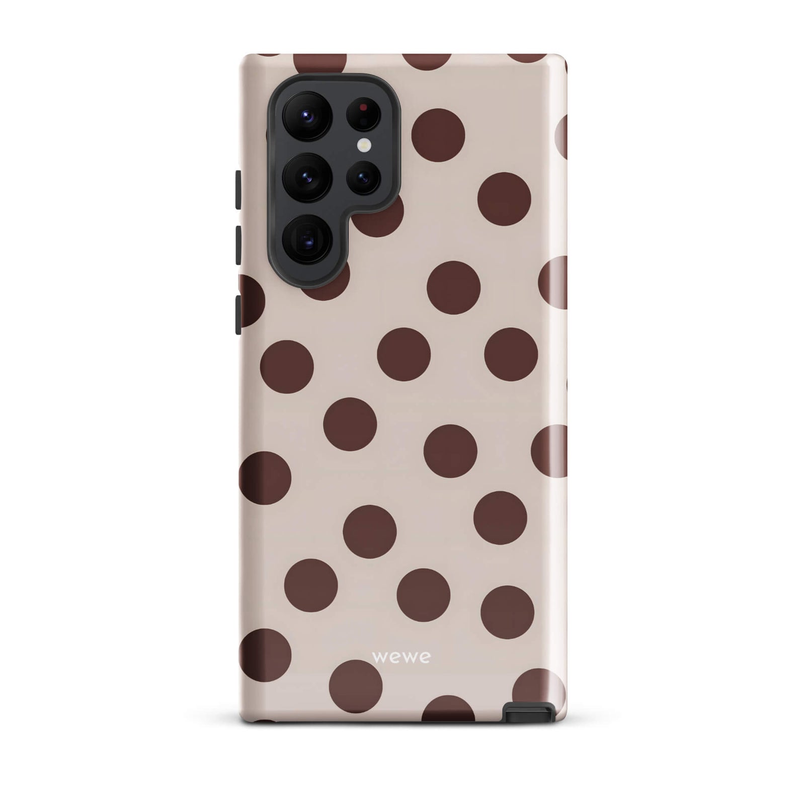 Custom samsung galaxy s22 ultra tough case in matte light beige/taupe with large dark brown (mocha) polka dots and 'wewe' branding at the bottom.
