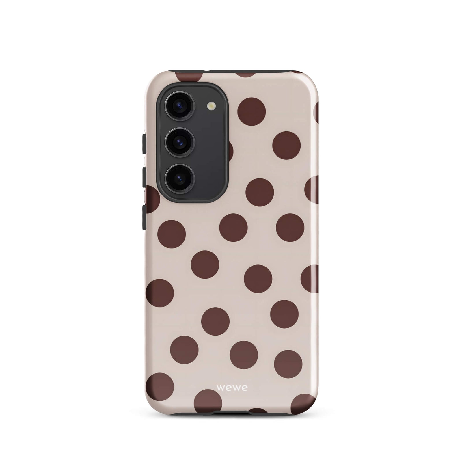 Custom samsung galaxy s23 tough case in matte light beige/taupe with large dark brown (mocha) polka dots and 'wewe' branding at the bottom.