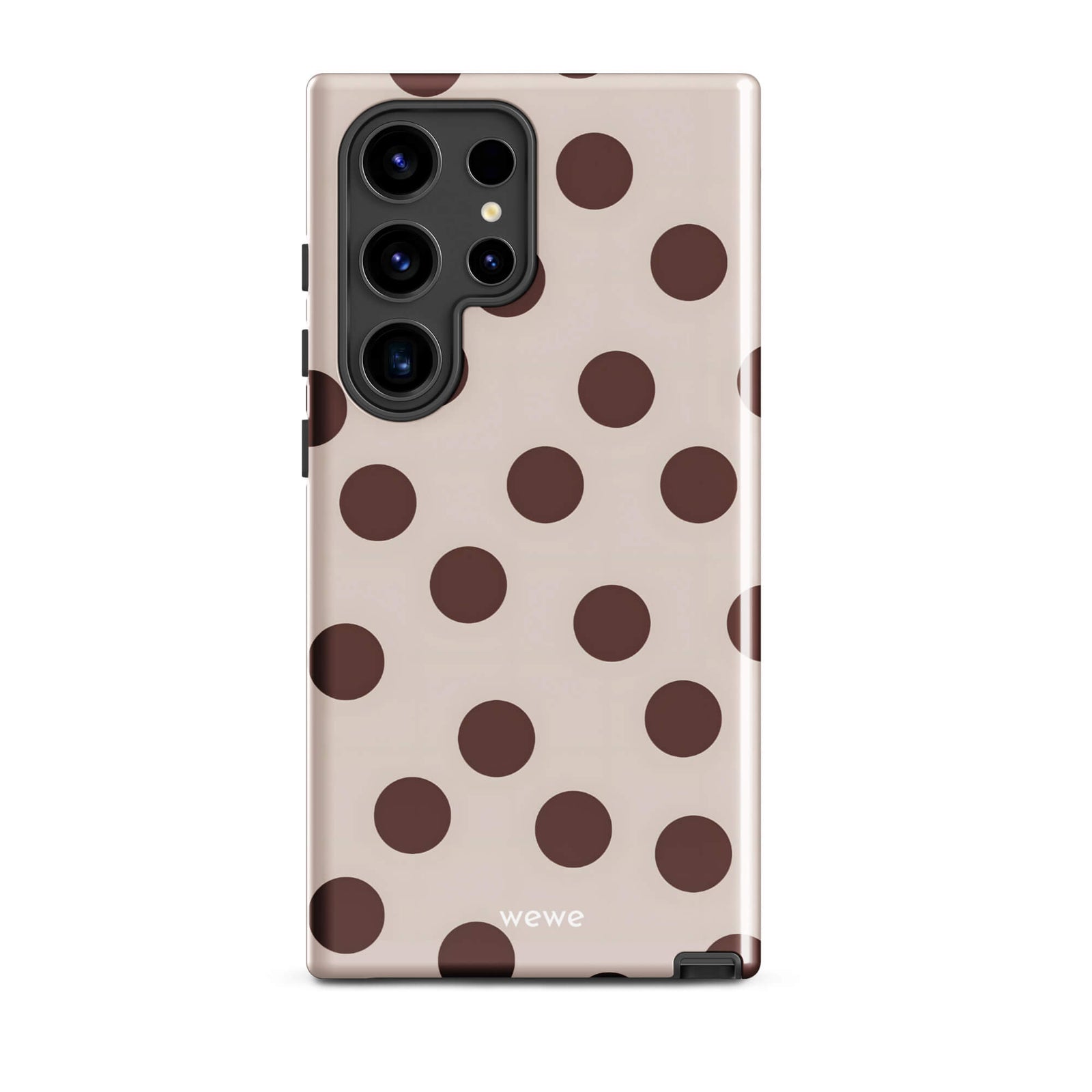 Custom samsung galaxy s24 ultra tough case in matte light beige/taupe with large dark brown (mocha) polka dots and 'wewe' branding at the bottom.