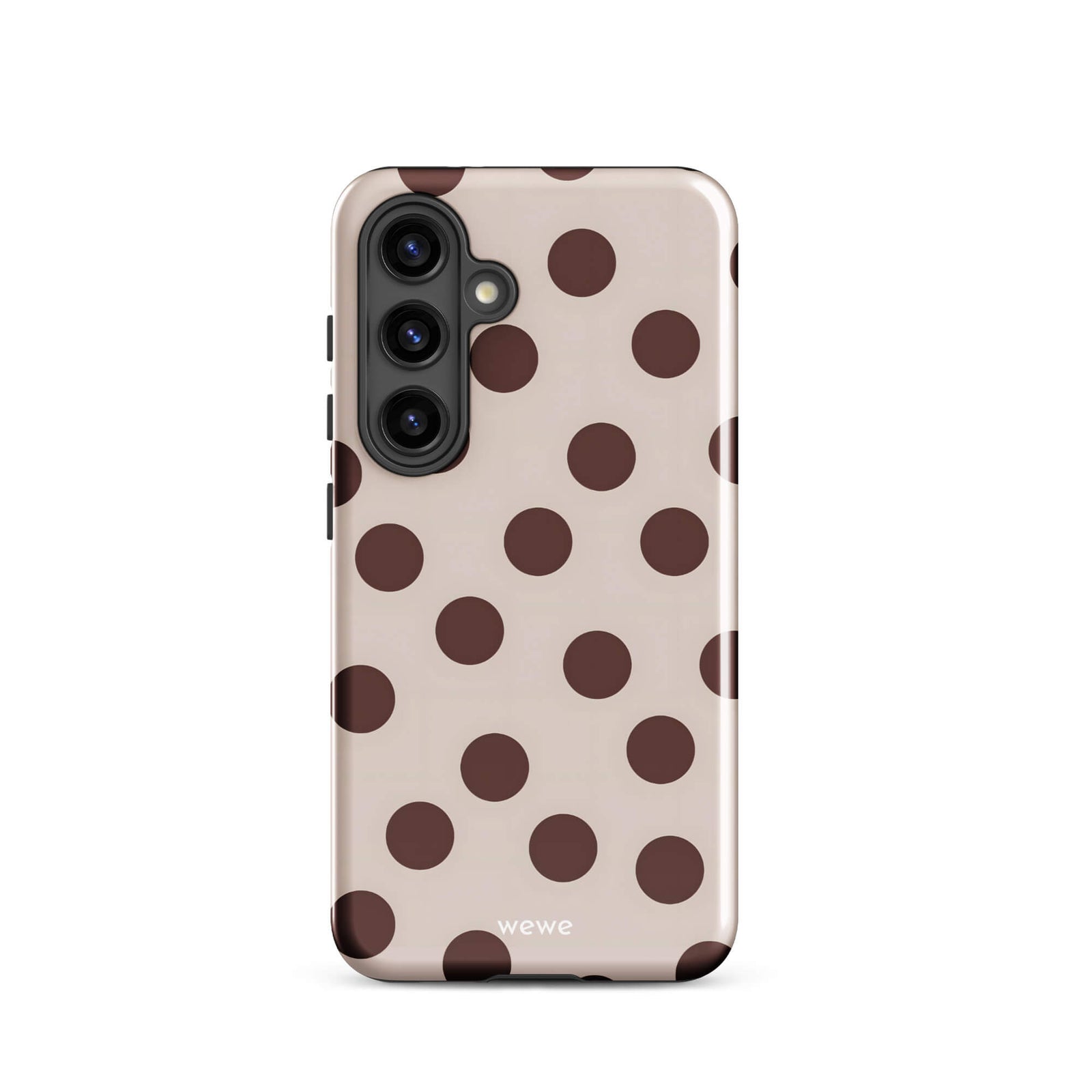 Custom samsung galaxy s24 tough case in matte light beige/taupe with large dark brown (mocha) polka dots and 'wewe' branding at the bottom.