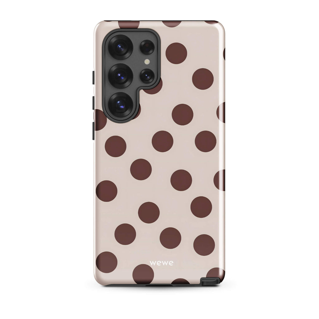 Custom samsung galaxy s25 ultra tough case in matte light beige/taupe with large dark brown (mocha) polka dots and 'wewe' branding at the bottom.