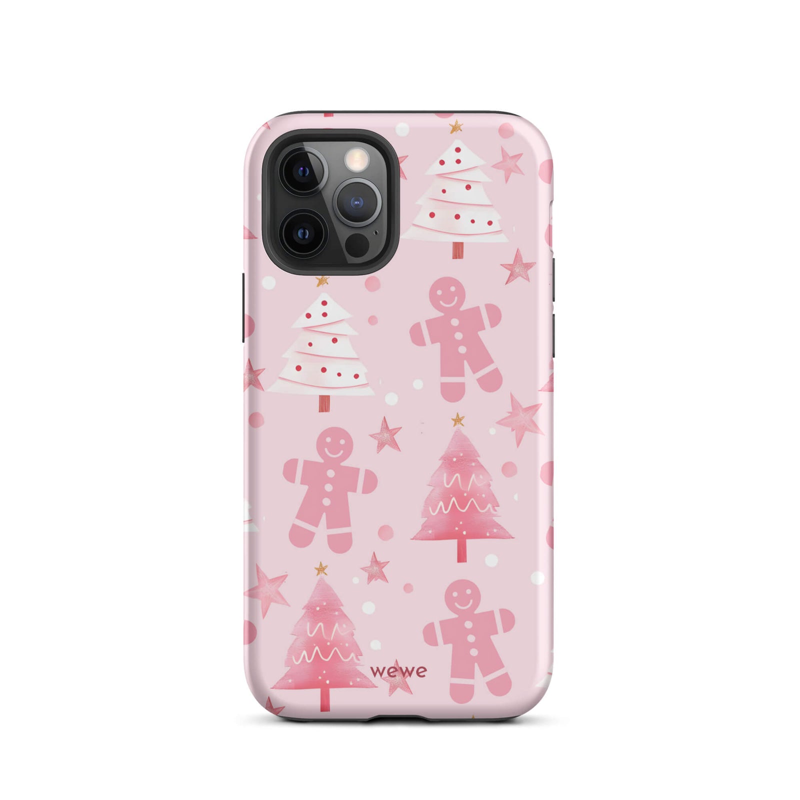 Custom iPhone 12 pro tough case featuring a soft pastel pink background with a scattered pattern of pink gingerbread men, pink and white Christmas trees, and watercolor pink stars, with 'wewe' branding at the bottom.