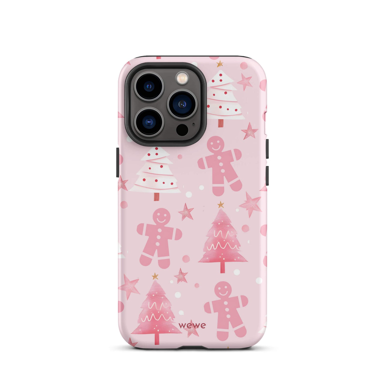 Custom iPhone 13 pro tough case featuring a soft pastel pink background with a scattered pattern of pink gingerbread men, pink and white Christmas trees, and watercolor pink stars, with 'wewe' branding at the bottom.