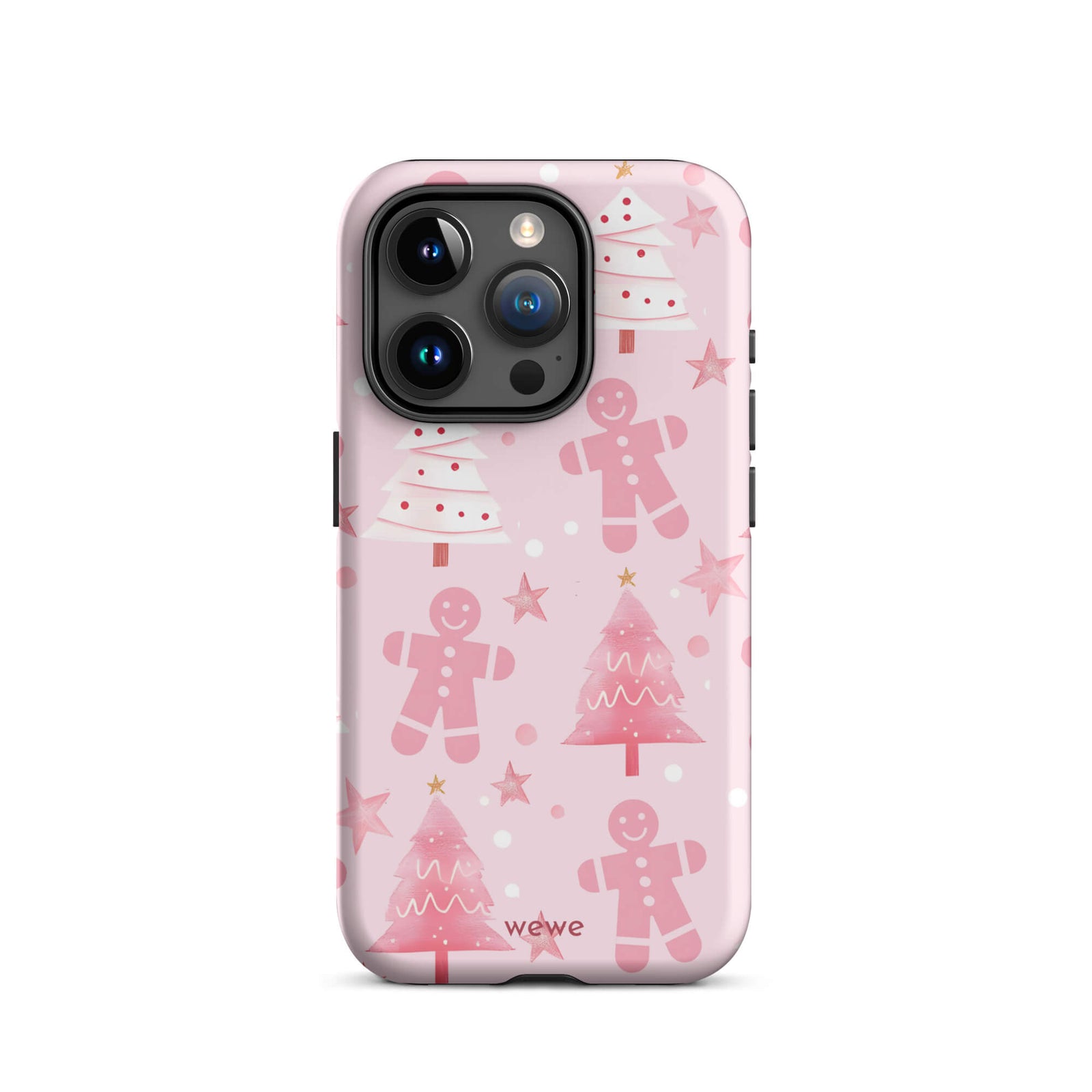 Custom iPhone 15 pro tough case featuring a soft pastel pink background with a scattered pattern of pink gingerbread men, pink and white Christmas trees, and watercolor pink stars, with 'wewe' branding at the bottom.