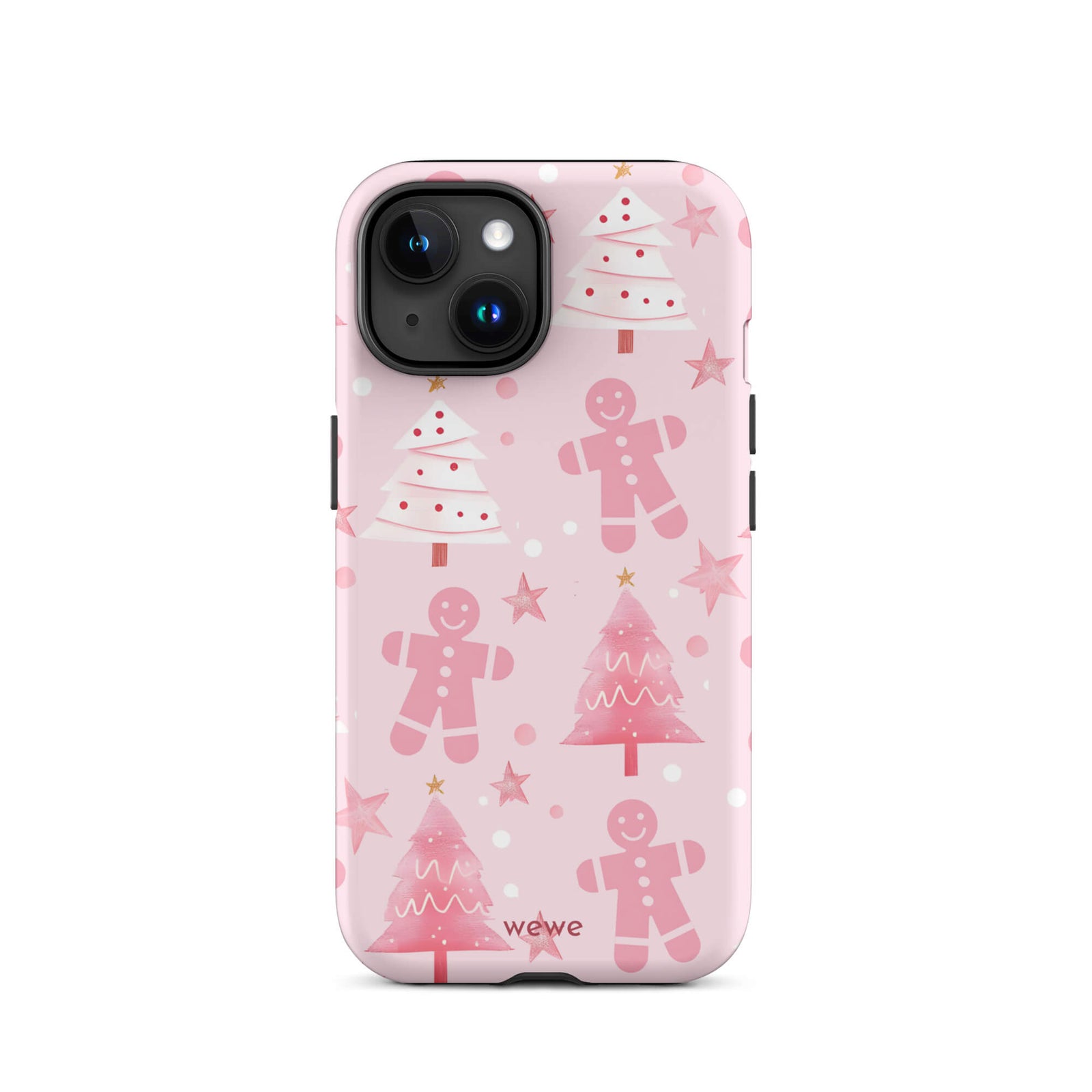 Custom iPhone 15 tough case featuring a soft pastel pink background with a scattered pattern of pink gingerbread men, pink and white Christmas trees, and watercolor pink stars, with 'wewe' branding at the bottom.