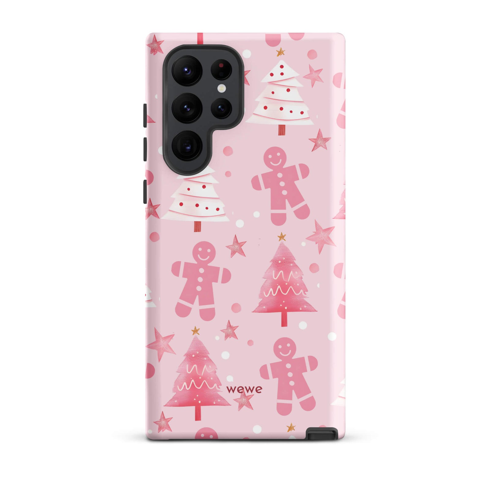 Custom samsung galaxy s22 ultra tough case featuring a soft pastel pink background with a scattered pattern of pink gingerbread men, pink and white Christmas trees, and watercolor pink stars, with 'wewe' branding at the bottom.