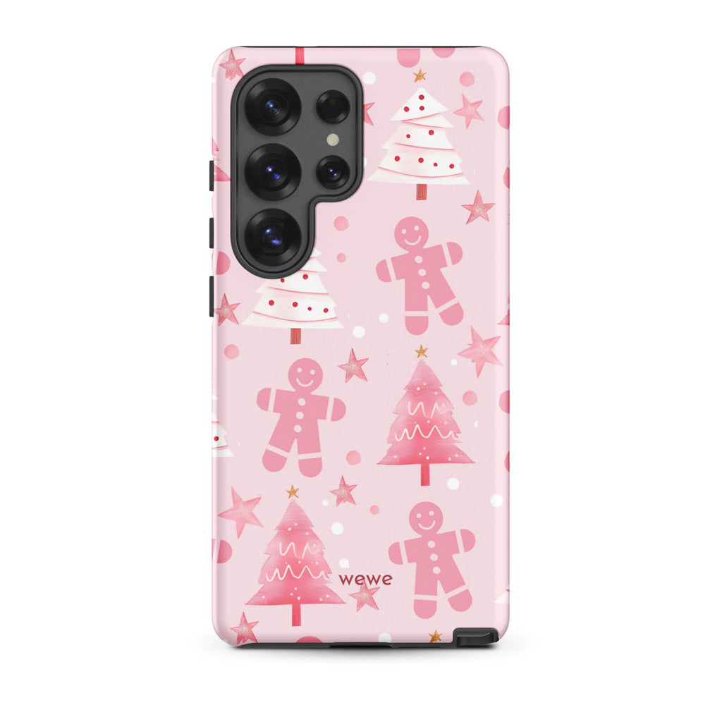 Custom samsung galaxy s25 ultra tough case featuring a soft pastel pink background with a scattered pattern of pink gingerbread men, pink and white Christmas trees, and watercolor pink stars, with 'wewe' branding at the bottom.