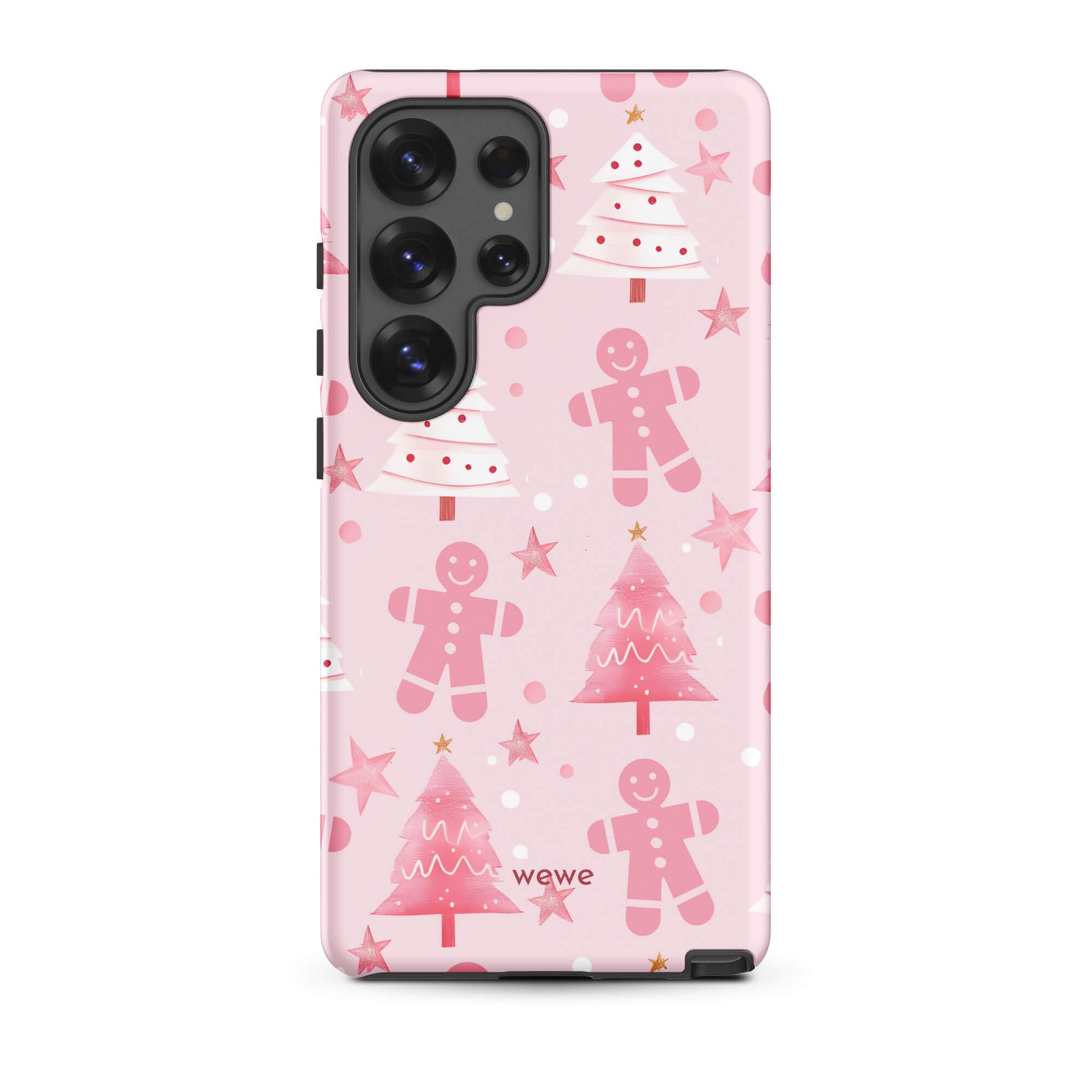 Custom samsung galaxy s25 ultra tough case featuring a soft pastel pink background with a scattered pattern of pink gingerbread men, pink and white Christmas trees, and watercolor pink stars, with 'wewe' branding at the bottom.