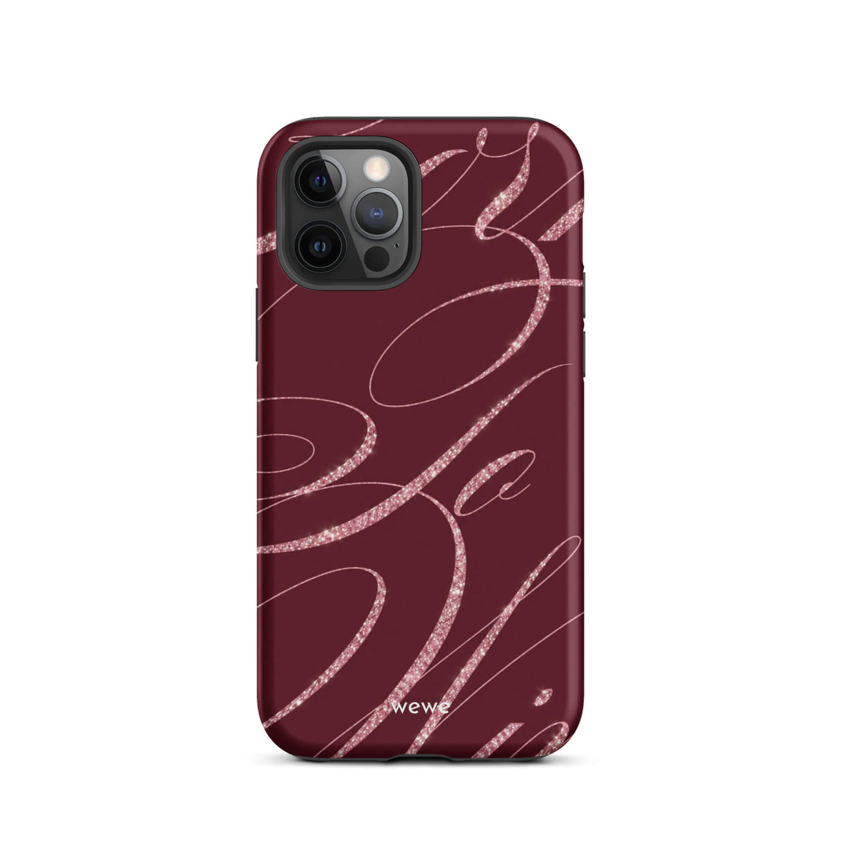 Deep burgundy iPhone case with flowing pink glitter-effect lines and looping abstract swirls