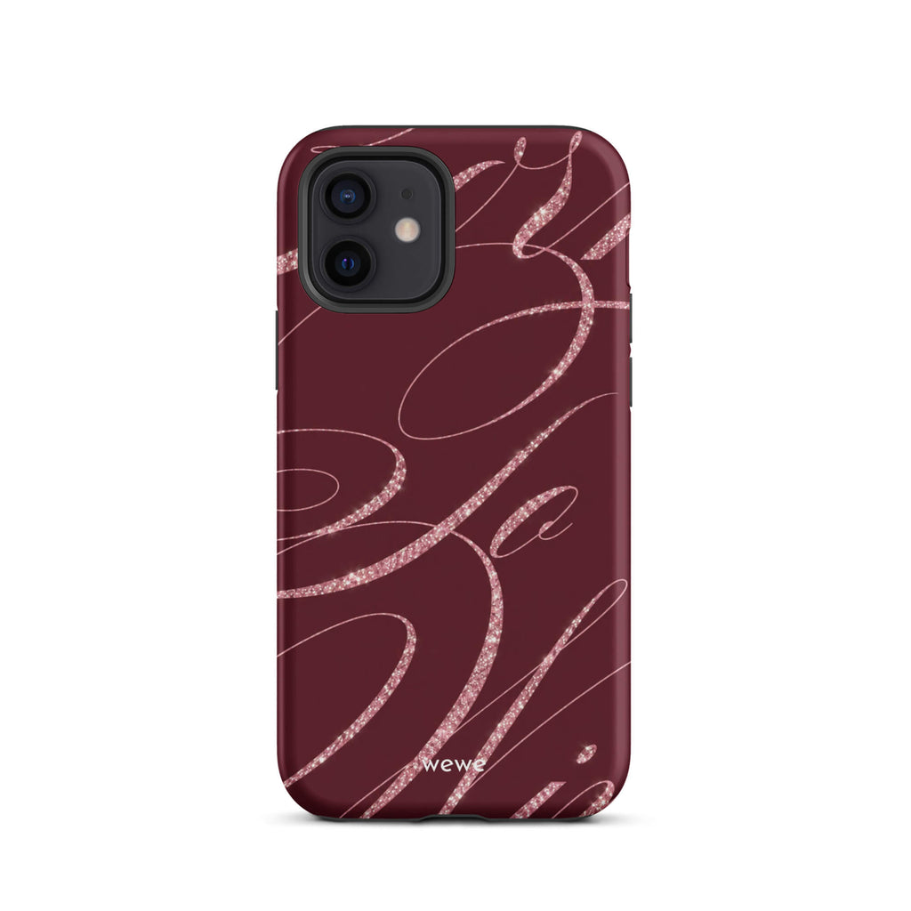 Deep burgundy iPhone case with flowing pink glitter-effect lines and looping abstract swirls