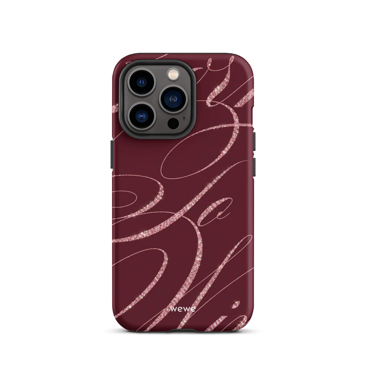 Deep burgundy iPhone case with flowing pink glitter-effect lines and looping abstract swirls