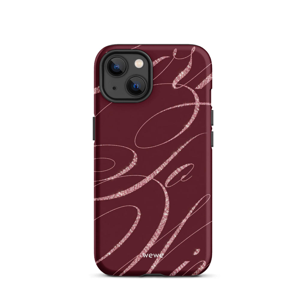 Deep burgundy iPhone case with flowing pink glitter-effect lines and looping abstract swirls