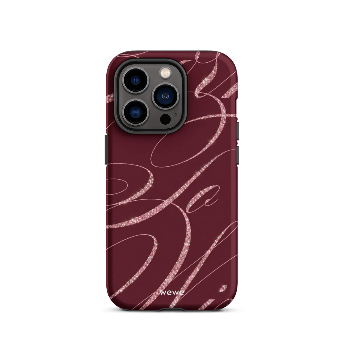 Deep burgundy iPhone case with flowing pink glitter-effect lines and looping abstract swirls