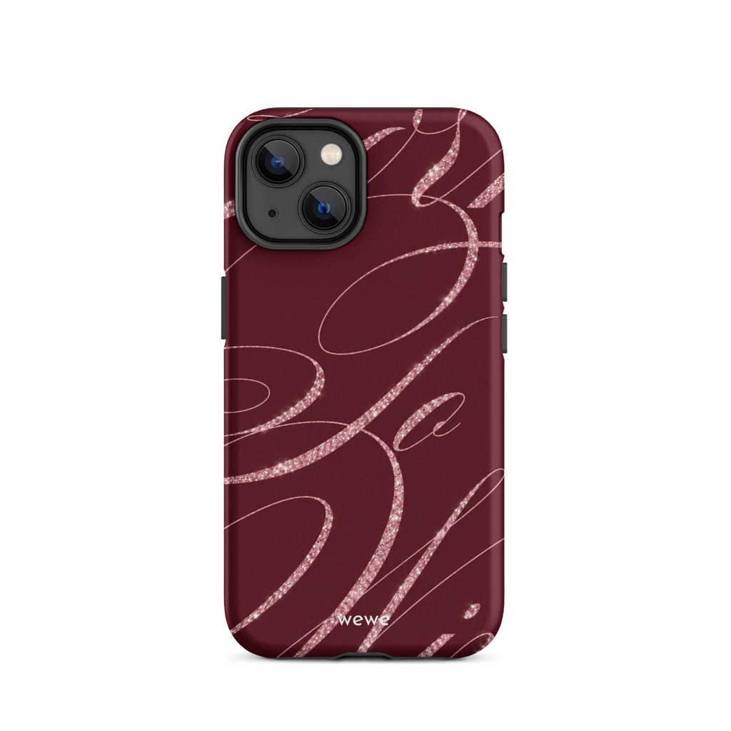 Deep burgundy iPhone case with flowing pink glitter-effect lines and looping abstract swirls