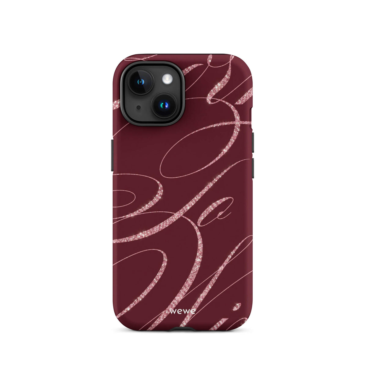 Deep burgundy iPhone case with flowing pink glitter-effect lines and looping abstract swirls