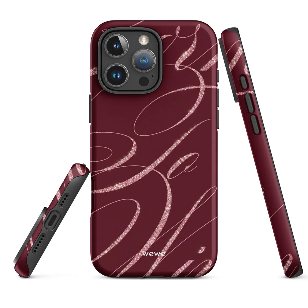 Deep burgundy iPhone case with flowing pink glitter-effect lines and looping abstract swirls