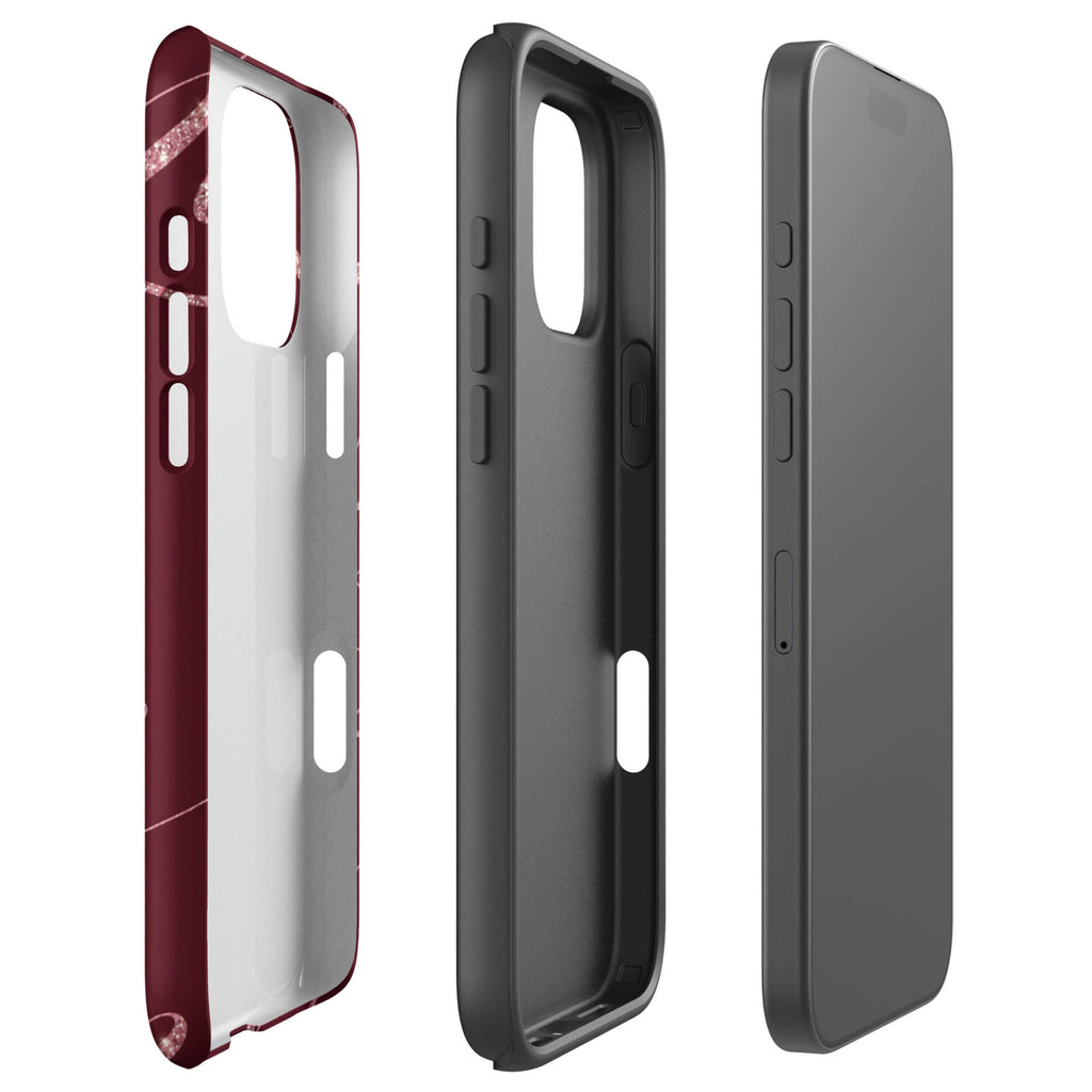 Deep burgundy iPhone case with flowing pink glitter-effect lines and looping abstract swirls