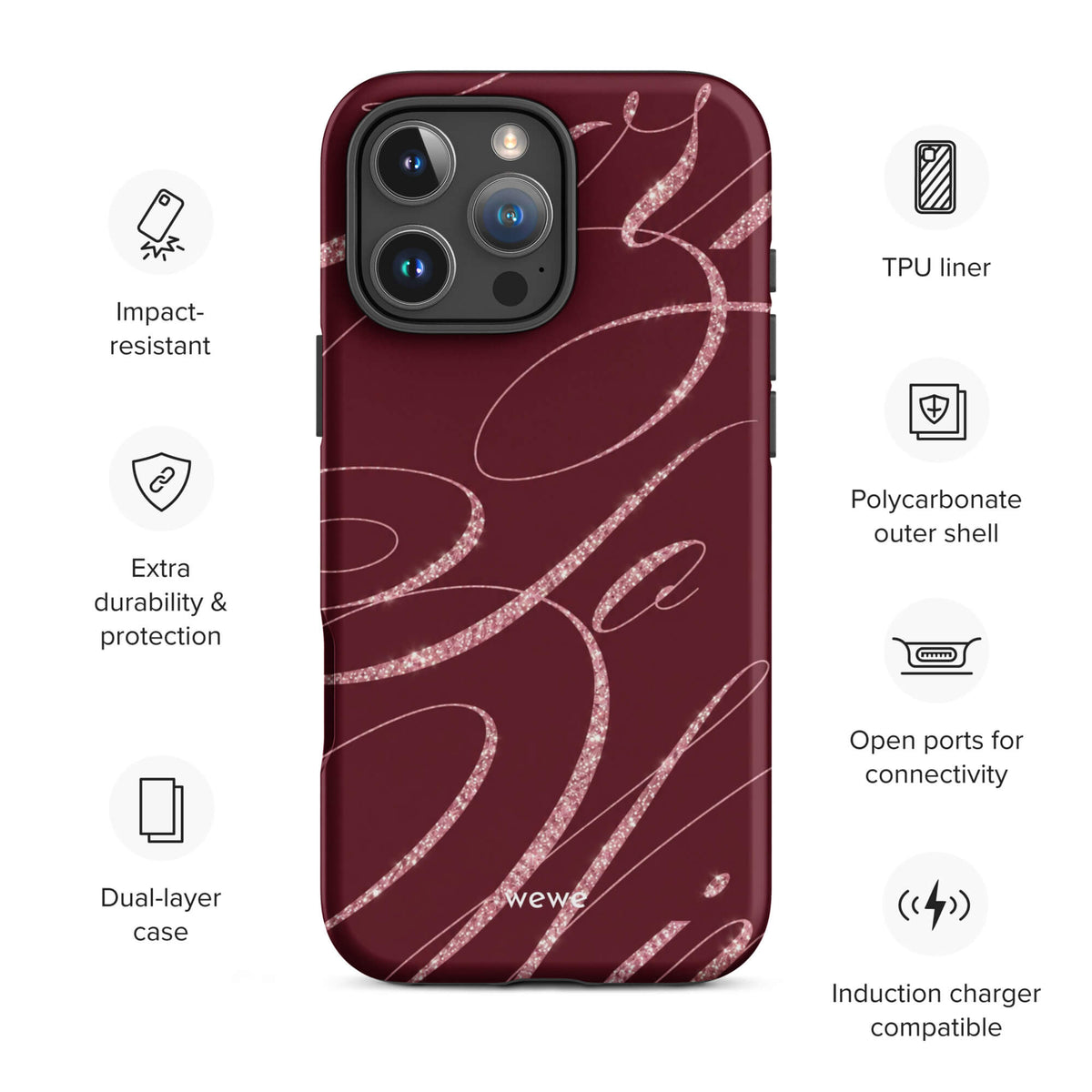Deep burgundy iPhone case with flowing pink glitter-effect lines and looping abstract swirls
