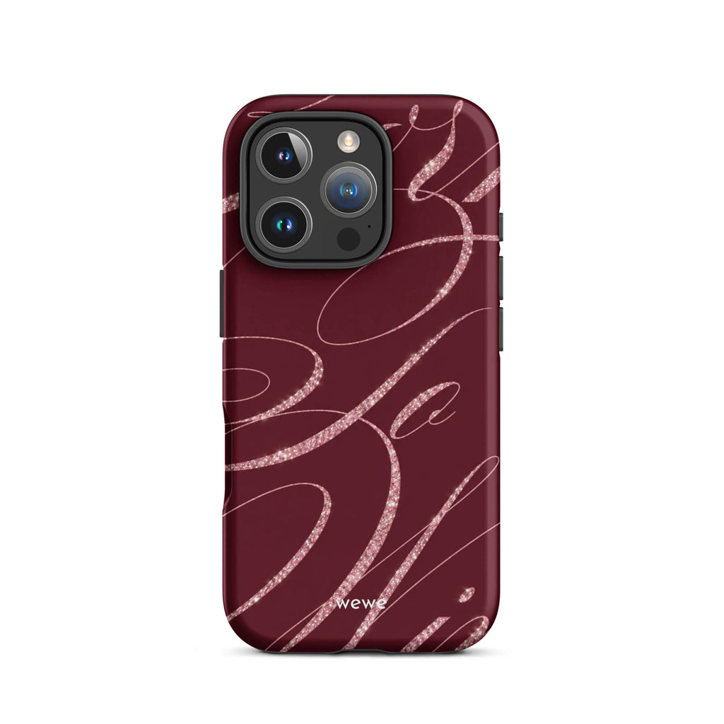 Deep burgundy iPhone case with flowing pink glitter-effect lines and looping abstract swirls