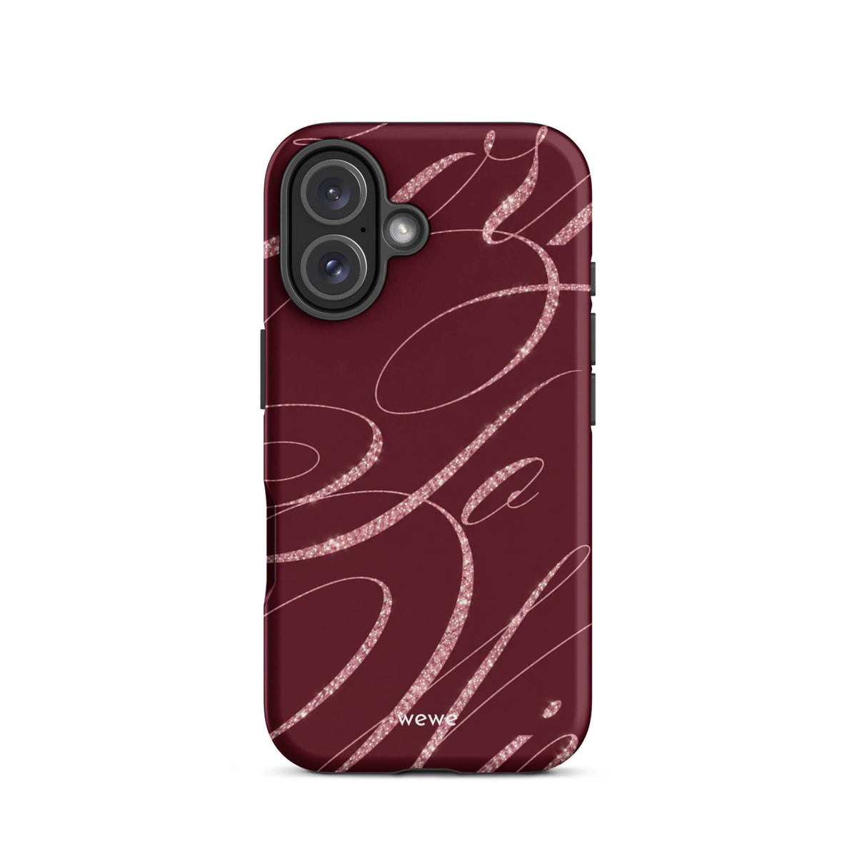 Deep burgundy iPhone case with flowing pink glitter-effect lines and looping abstract swirls