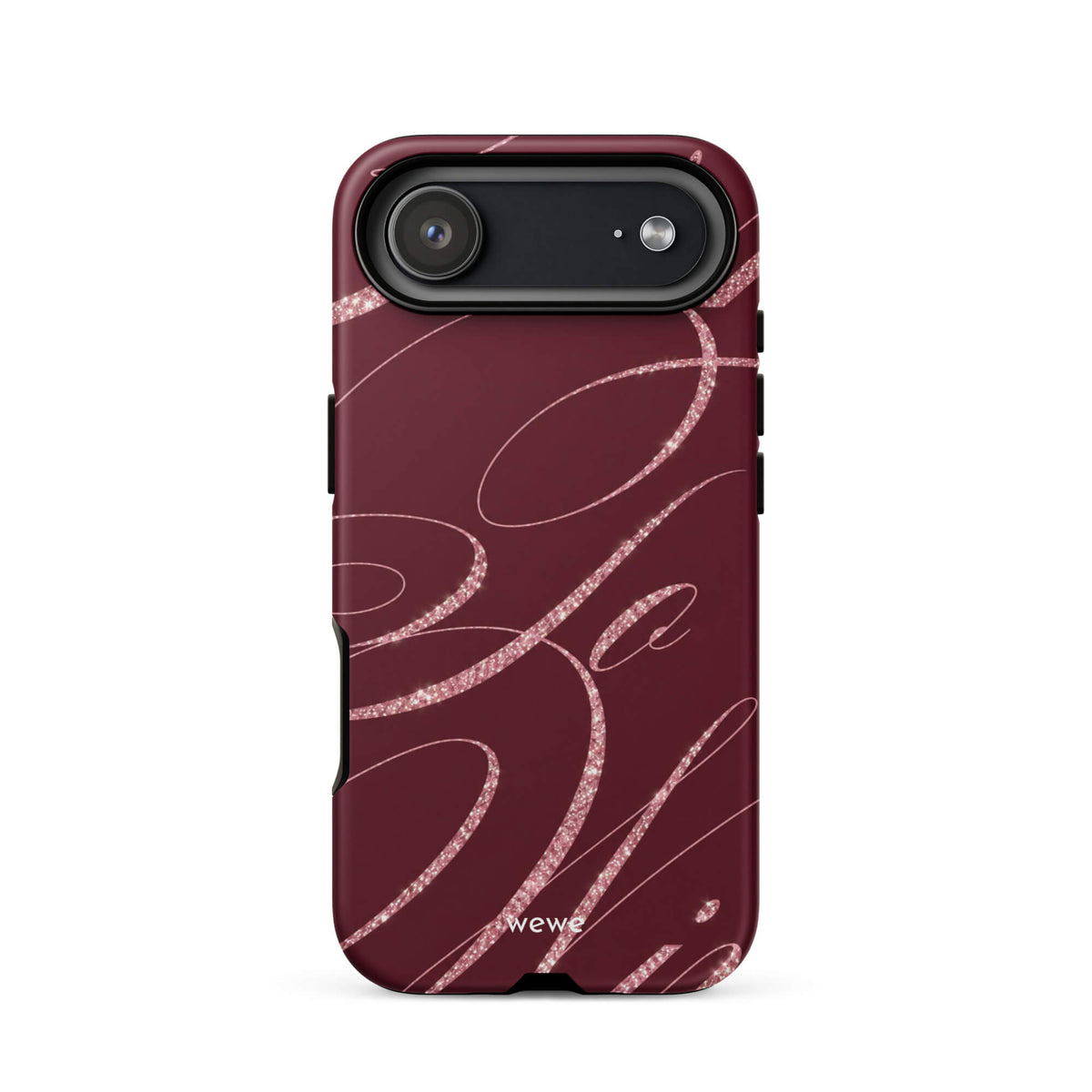 Deep burgundy iPhone case with flowing pink glitter-effect lines and looping abstract swirls