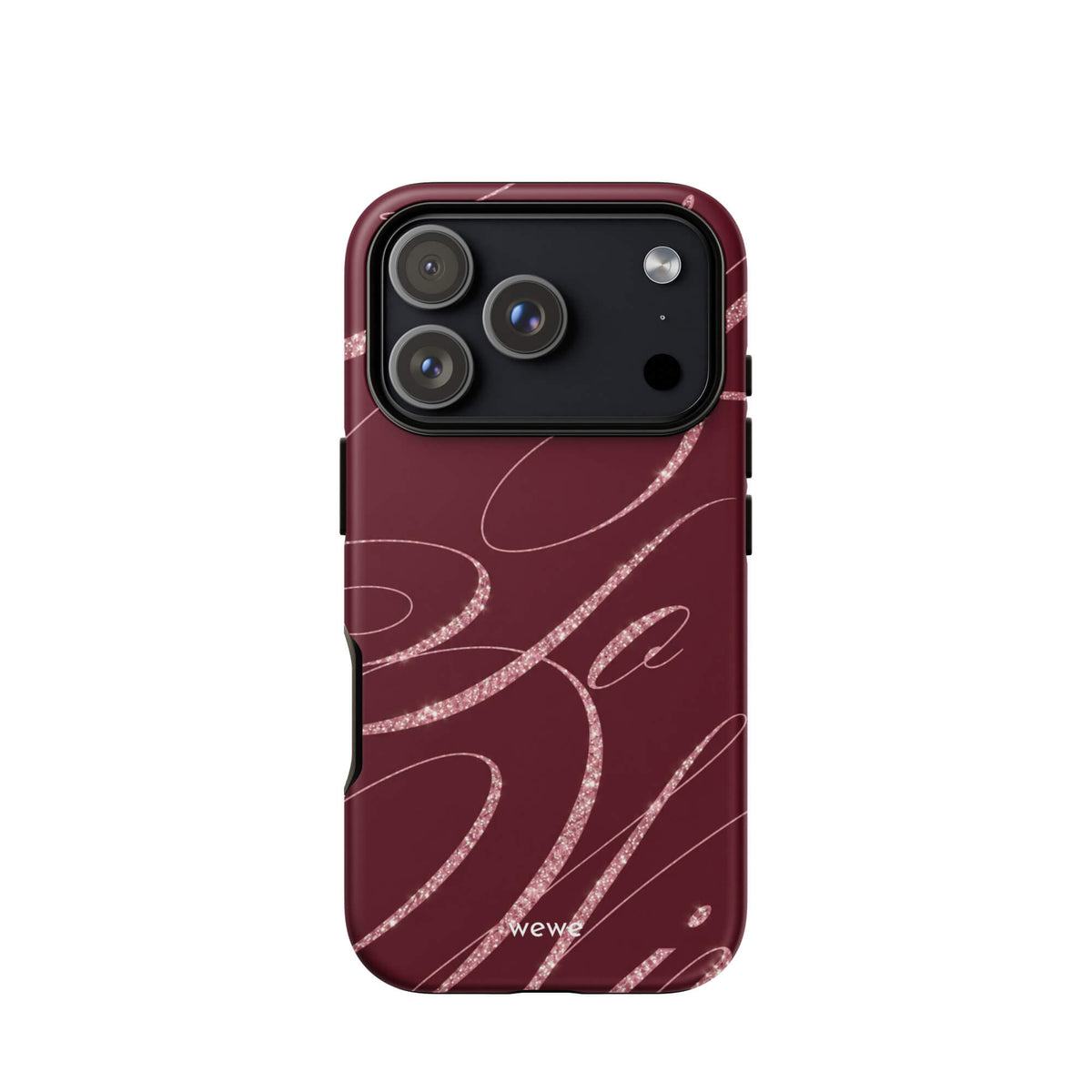 Deep burgundy iPhone case with flowing pink glitter-effect lines and looping abstract swirls