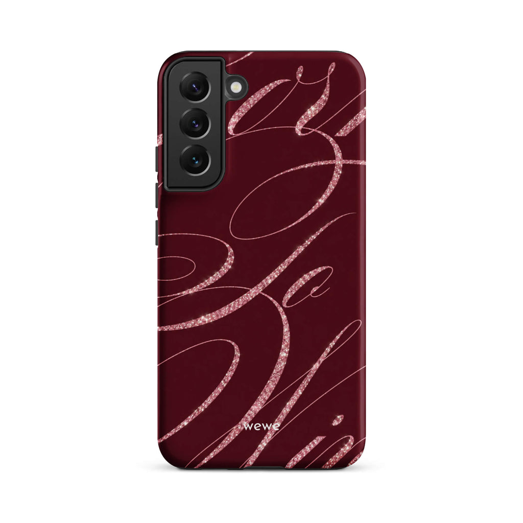 Deep burgundy iPhone case with flowing pink glitter-effect lines and looping abstract swirls