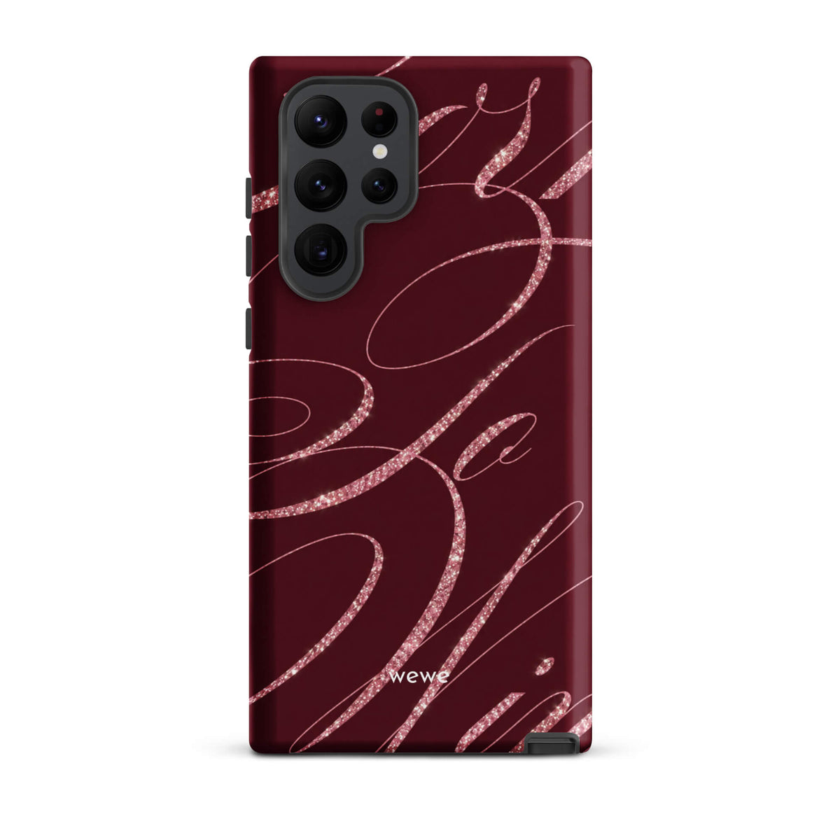 Deep burgundy iPhone case with flowing pink glitter-effect lines and looping abstract swirls