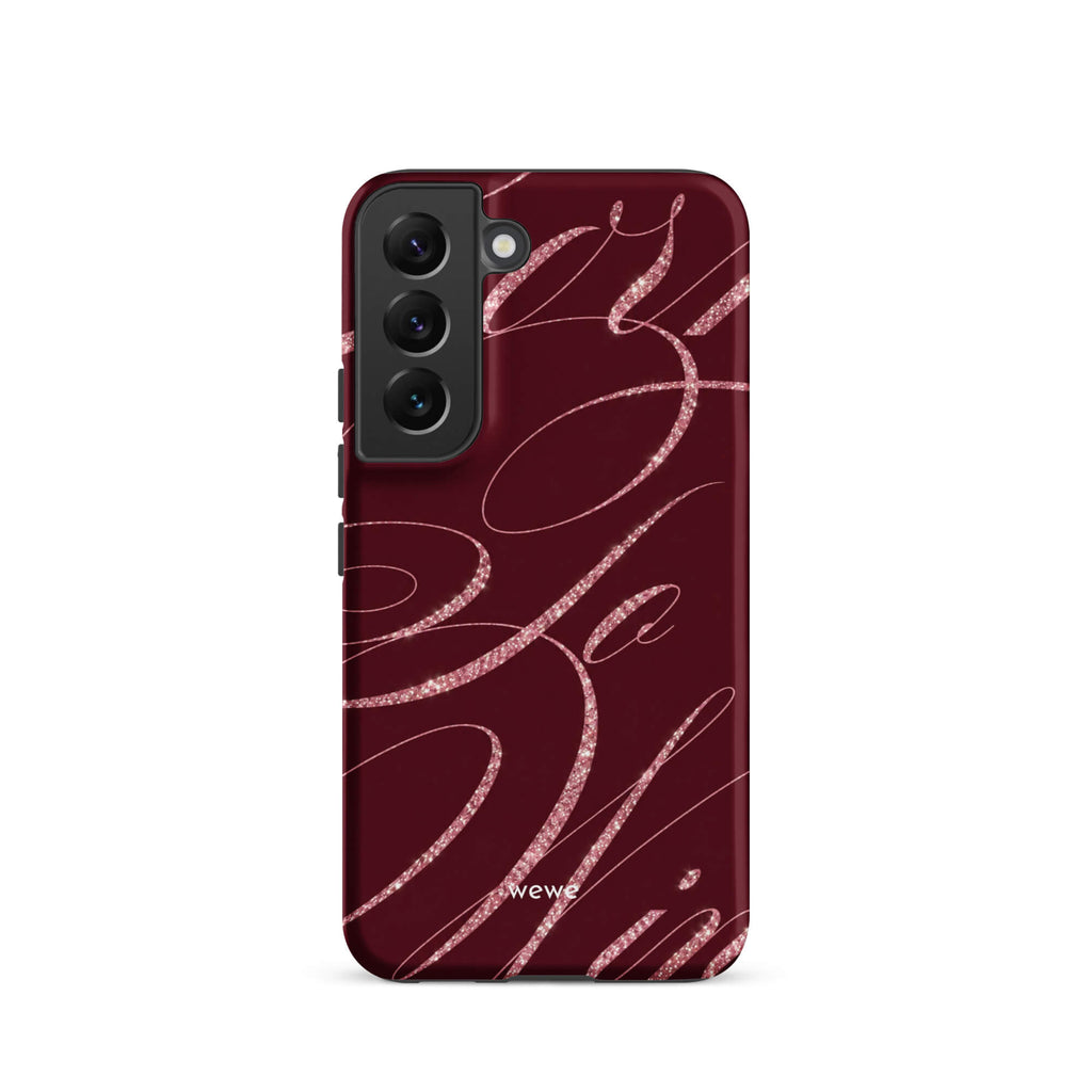 Deep burgundy iPhone case with flowing pink glitter-effect lines and looping abstract swirls