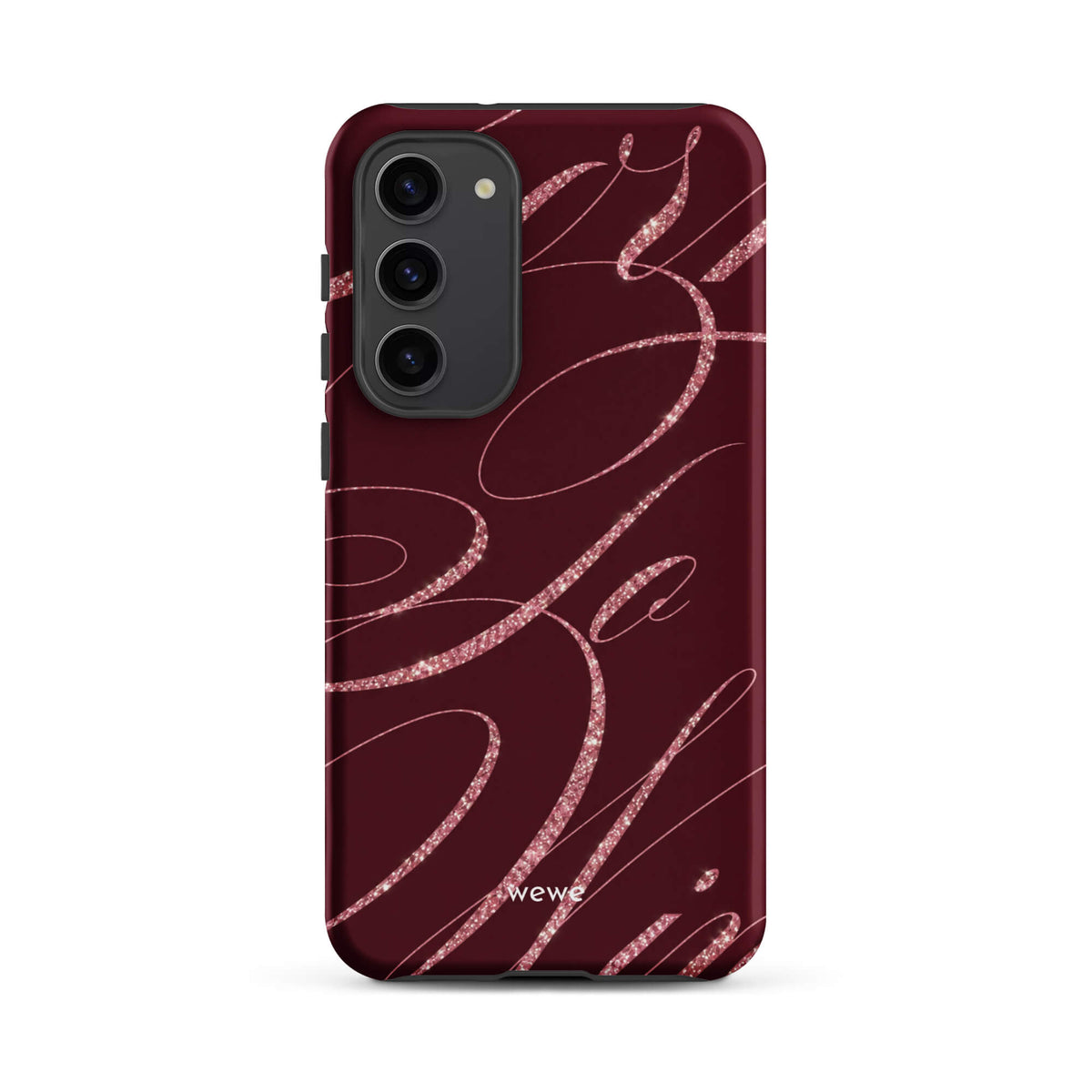 Deep burgundy iPhone case with flowing pink glitter-effect lines and looping abstract swirls