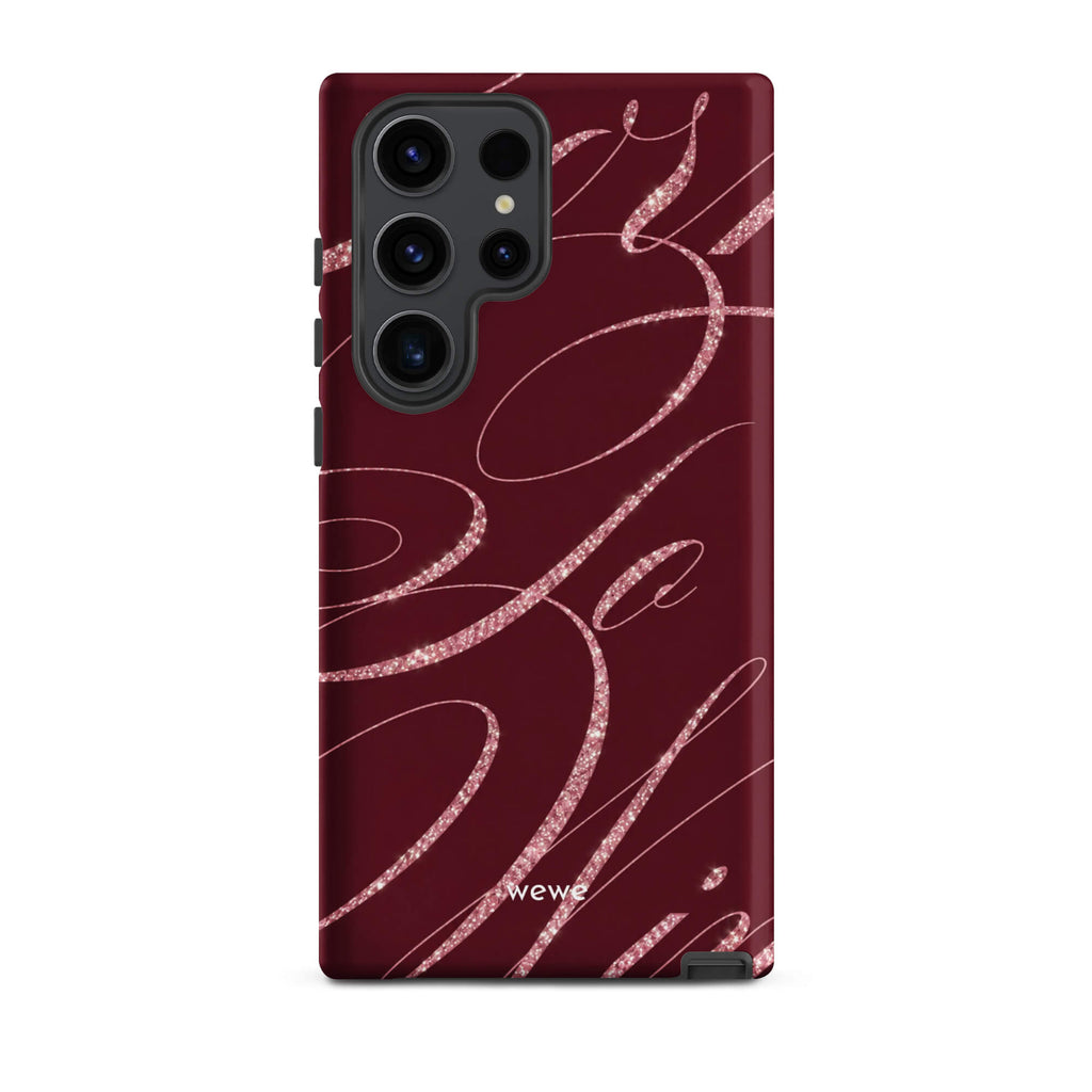 Deep burgundy iPhone case with flowing pink glitter-effect lines and looping abstract swirls