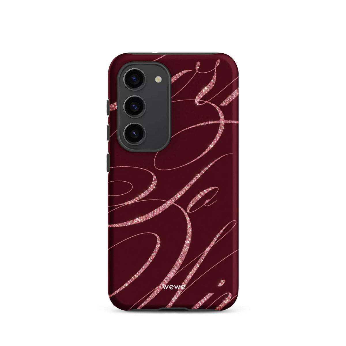 Deep burgundy iPhone case with flowing pink glitter-effect lines and looping abstract swirls