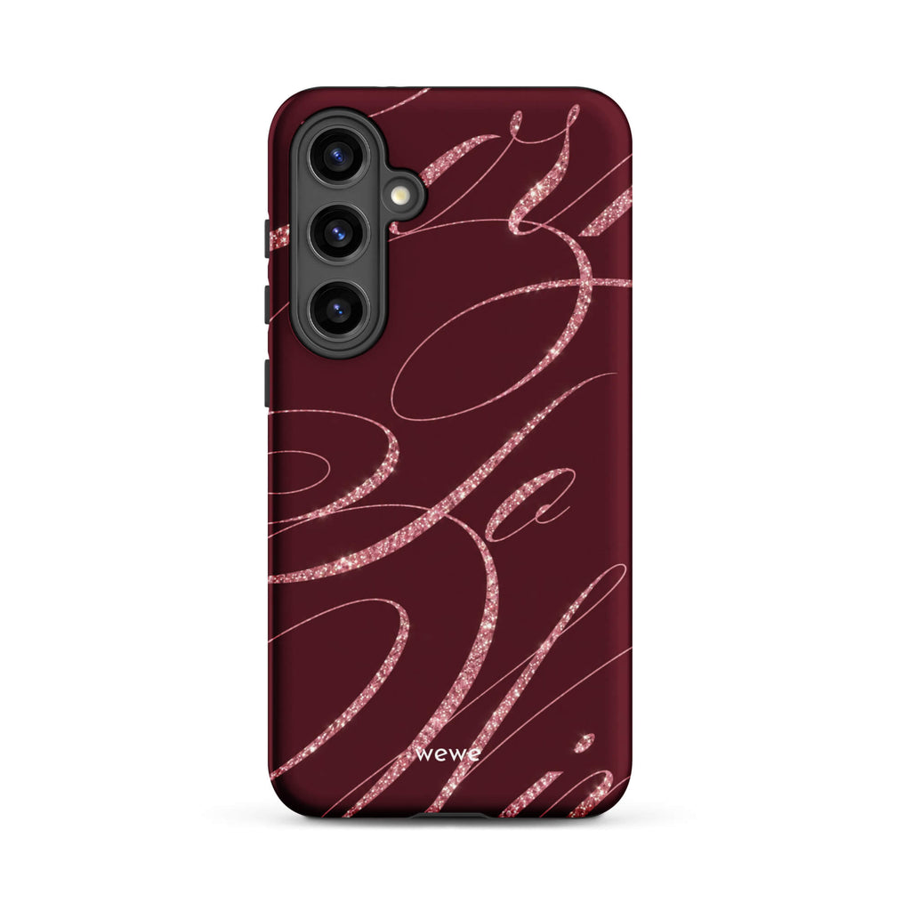 Deep burgundy iPhone case with flowing pink glitter-effect lines and looping abstract swirls