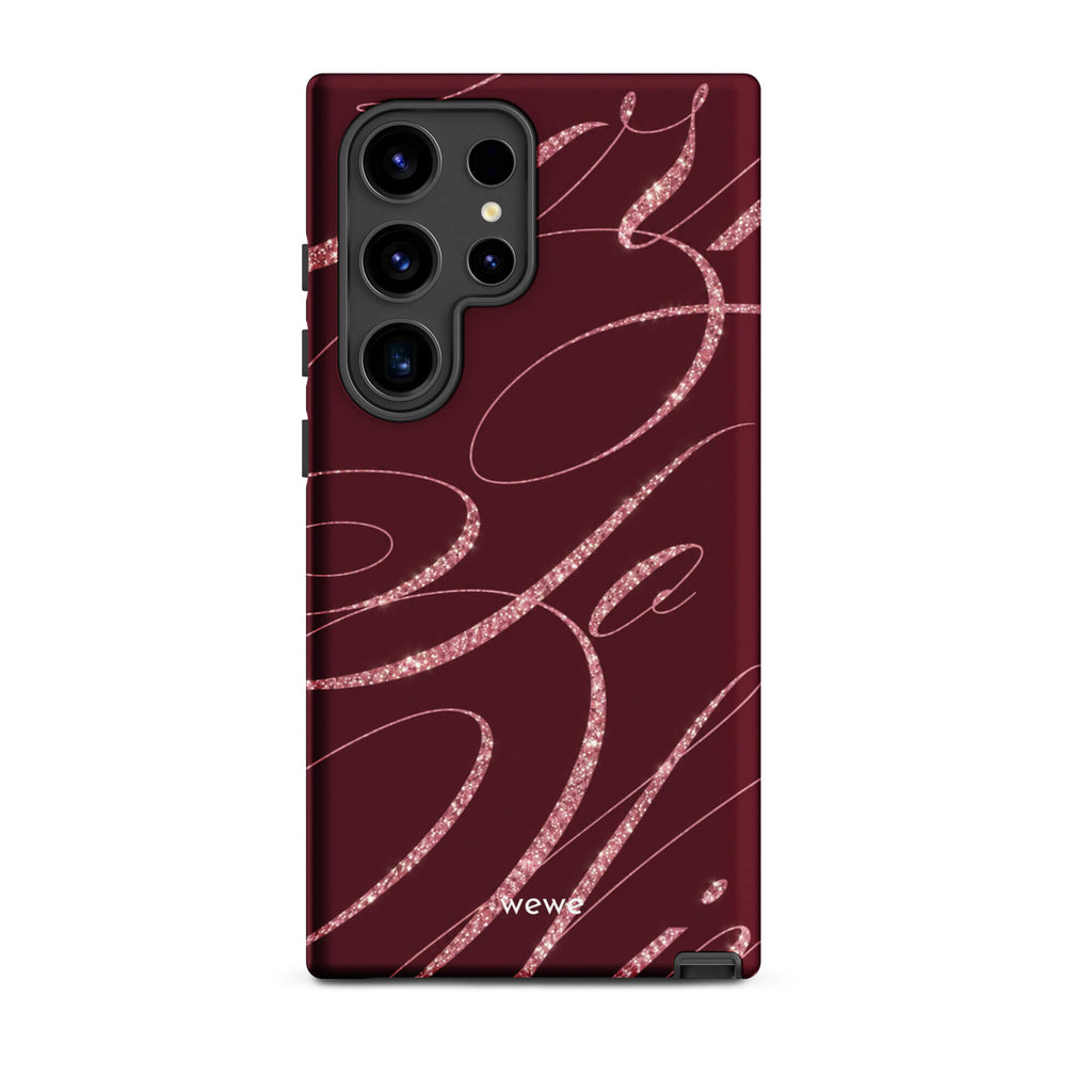 Deep burgundy iPhone case with flowing pink glitter-effect lines and looping abstract swirls