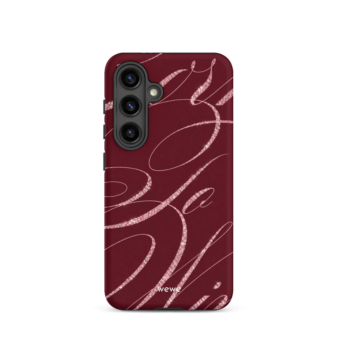 Deep burgundy iPhone case with flowing pink glitter-effect lines and looping abstract swirls