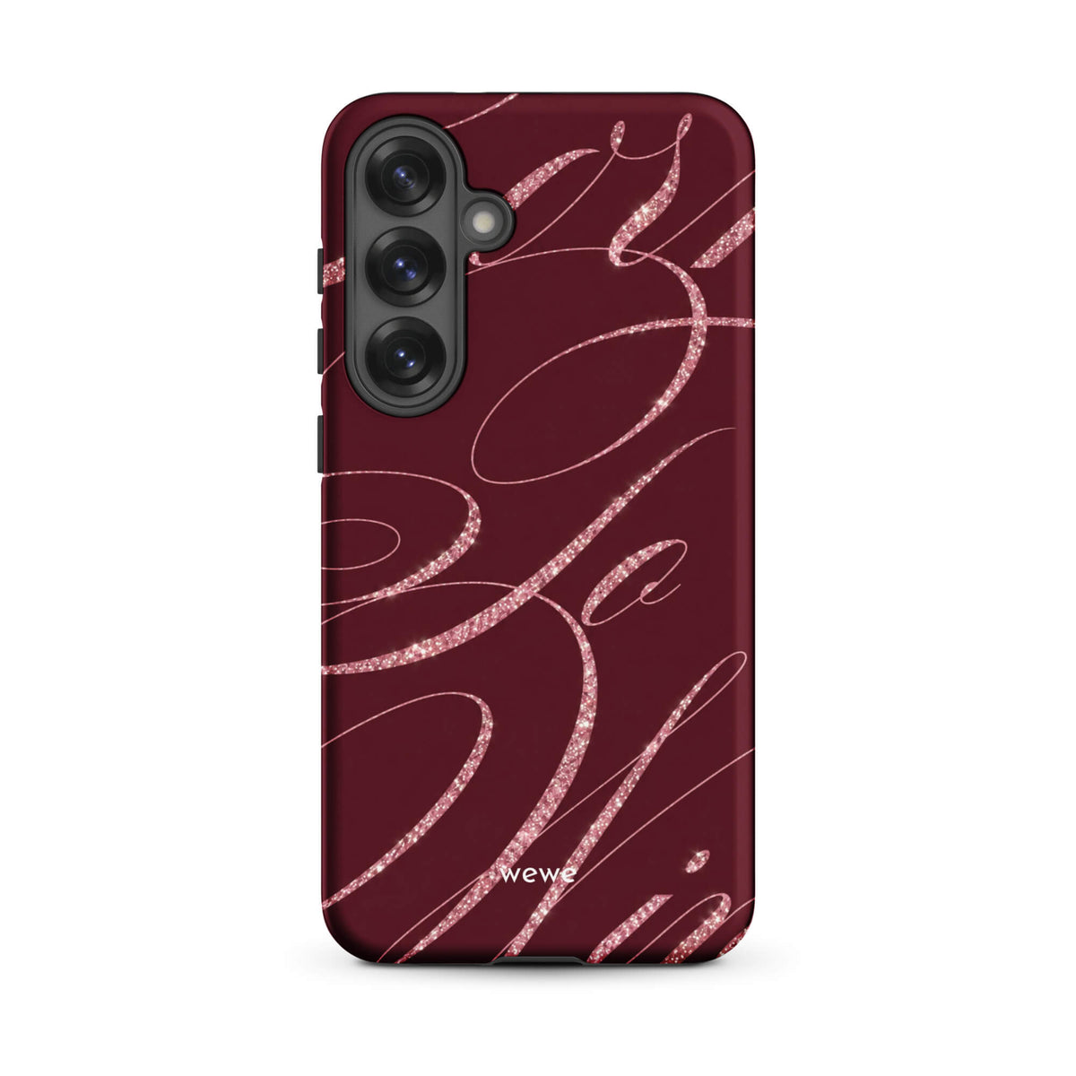 Deep burgundy iPhone case with flowing pink glitter-effect lines and looping abstract swirls