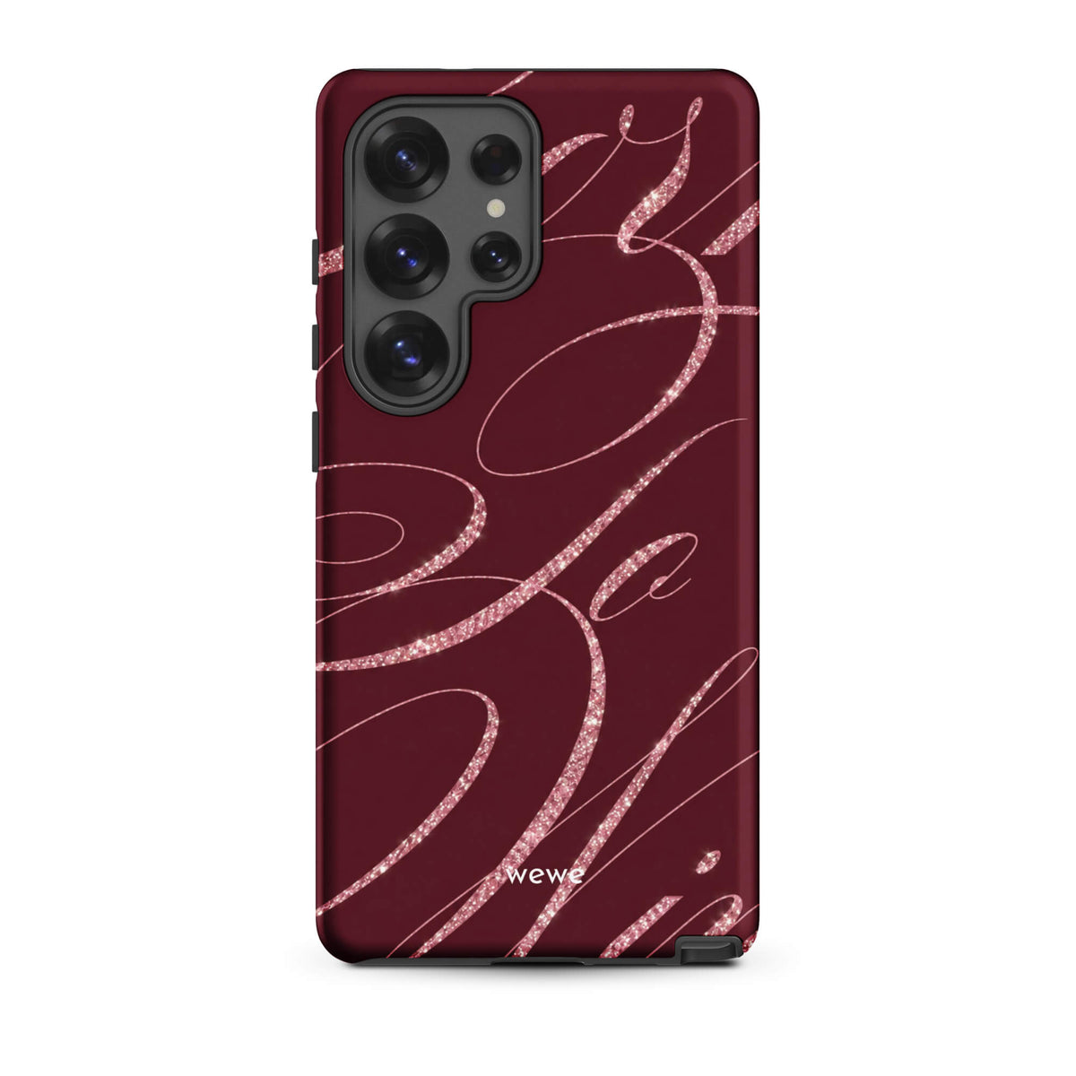 Deep burgundy iPhone case with flowing pink glitter-effect lines and looping abstract swirls