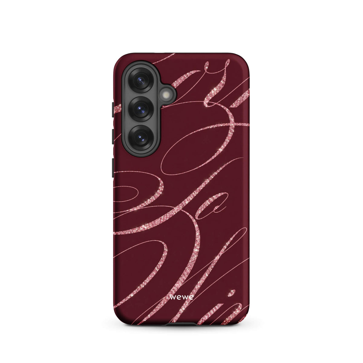 Deep burgundy iPhone case with flowing pink glitter-effect lines and looping abstract swirls