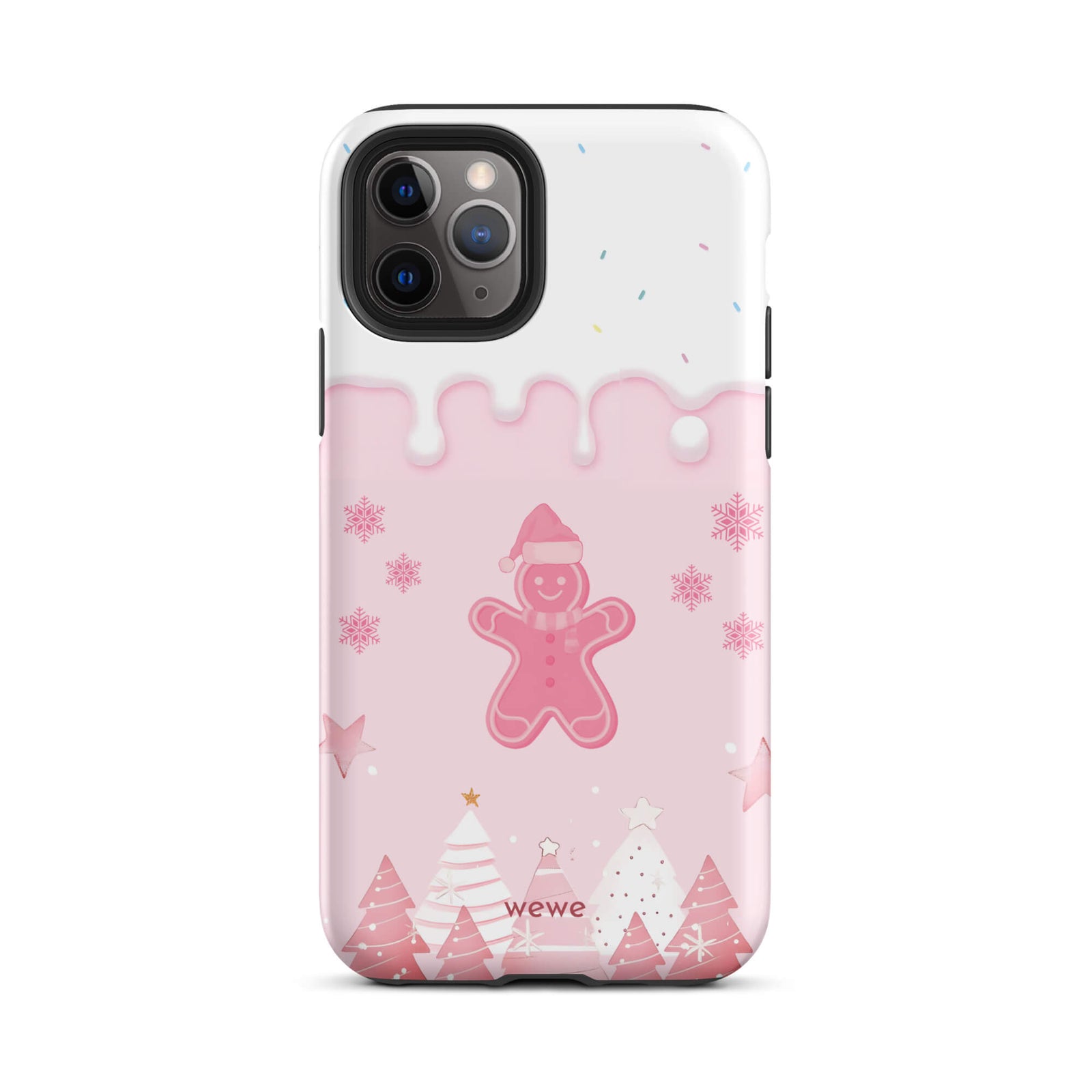 Custom iPhone 11 pro tough case featuring a white top panel with colorful sprinkles and a pink icing drip border, showcasing a cute gingerbread man wearing a Santa hat, surrounded by pink snowflakes and stylized pink/white Christmas trees, with 'wewe' branding at the bottom.