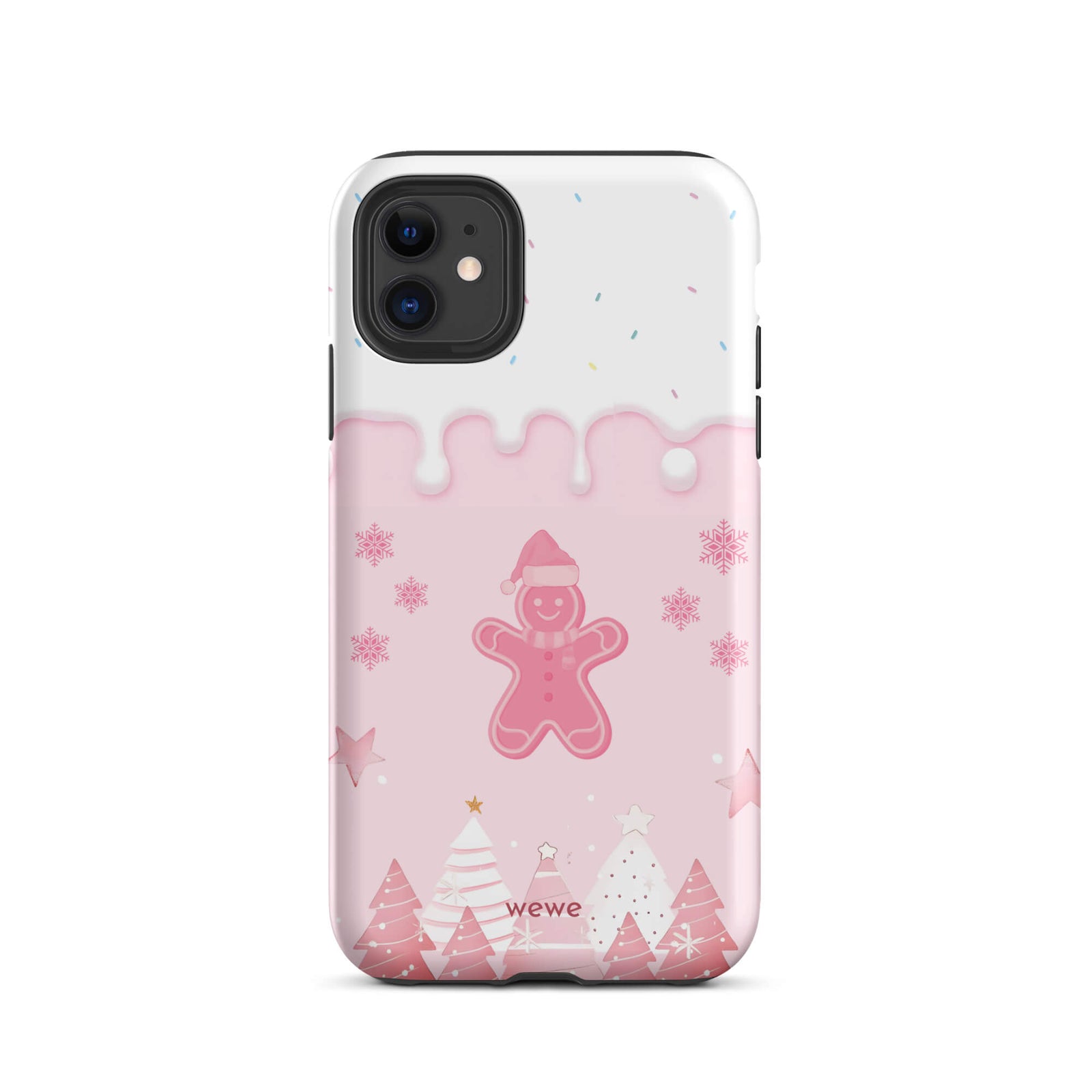 Custom iPhone 11 tough case featuring a white top panel with colorful sprinkles and a pink icing drip border, showcasing a cute gingerbread man wearing a Santa hat, surrounded by pink snowflakes and stylized pink/white Christmas trees, with 'wewe' branding at the bottom.