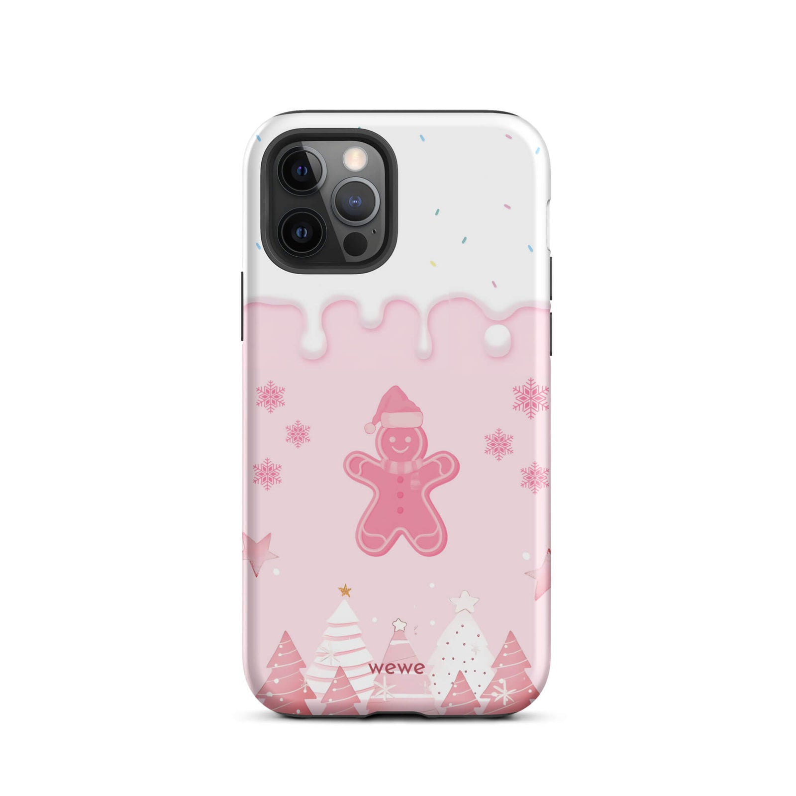 Custom iPhone 12 pro tough case featuring a white top panel with colorful sprinkles and a pink icing drip border, showcasing a cute gingerbread man wearing a Santa hat, surrounded by pink snowflakes and stylized pink/white Christmas trees, with 'wewe' branding at the bottom.