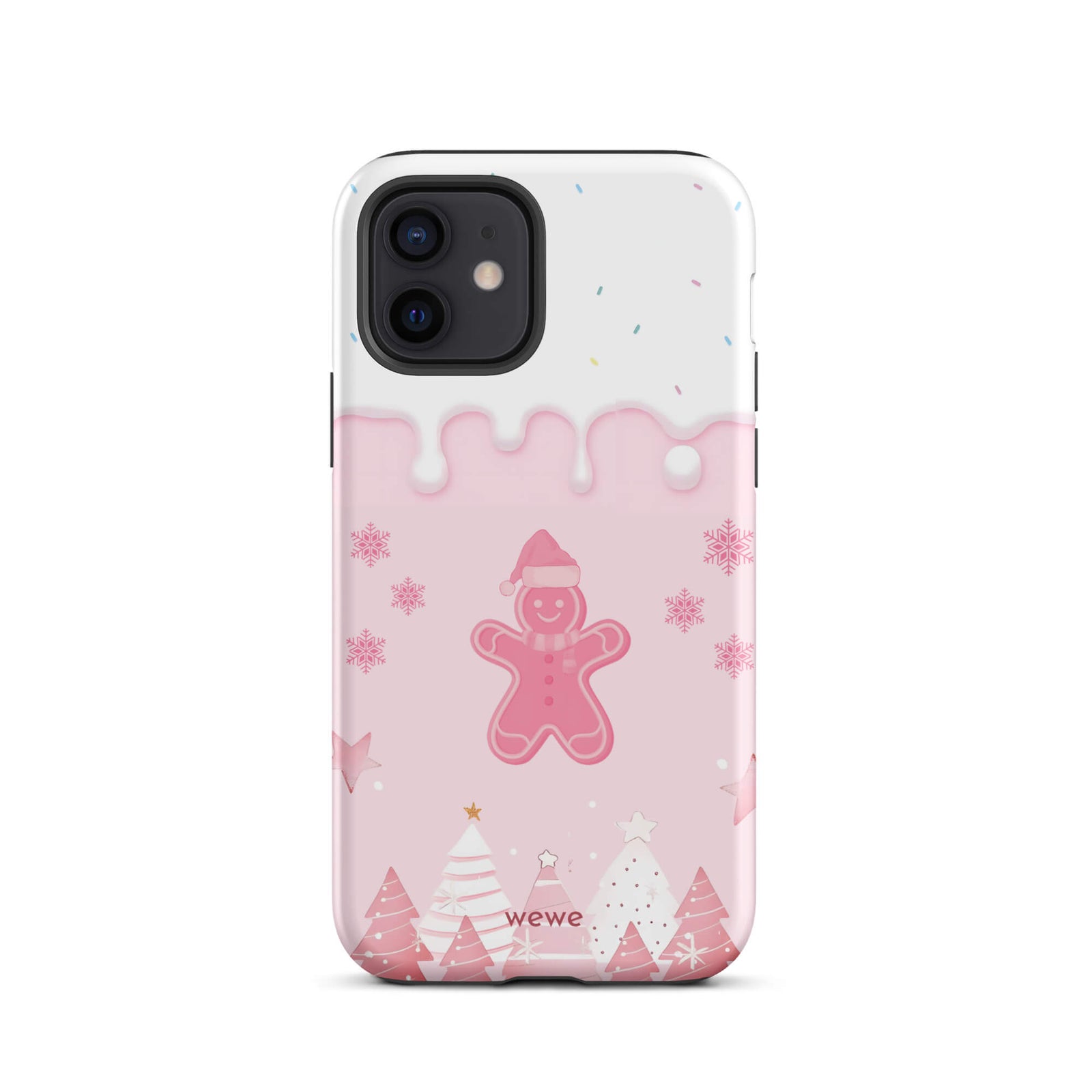 Custom iPhone 12 tough case featuring a white top panel with colorful sprinkles and a pink icing drip border, showcasing a cute gingerbread man wearing a Santa hat, surrounded by pink snowflakes and stylized pink/white Christmas trees, with 'wewe' branding at the bottom.
