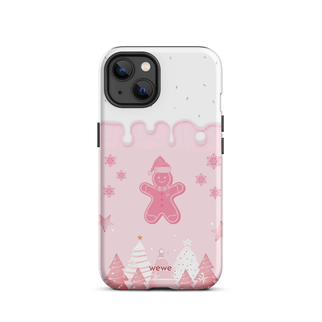 Custom iPhone 13 tough case featuring a white top panel with colorful sprinkles and a pink icing drip border, showcasing a cute gingerbread man wearing a Santa hat, surrounded by pink snowflakes and stylized pink/white Christmas trees, with 'wewe' branding at the bottom.