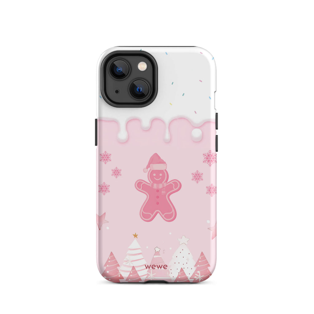 Custom iPhone 14 tough case featuring a white top panel with colorful sprinkles and a pink icing drip border, showcasing a cute gingerbread man wearing a Santa hat, surrounded by pink snowflakes and stylized pink/white Christmas trees, with 'wewe' branding at the bottom.
