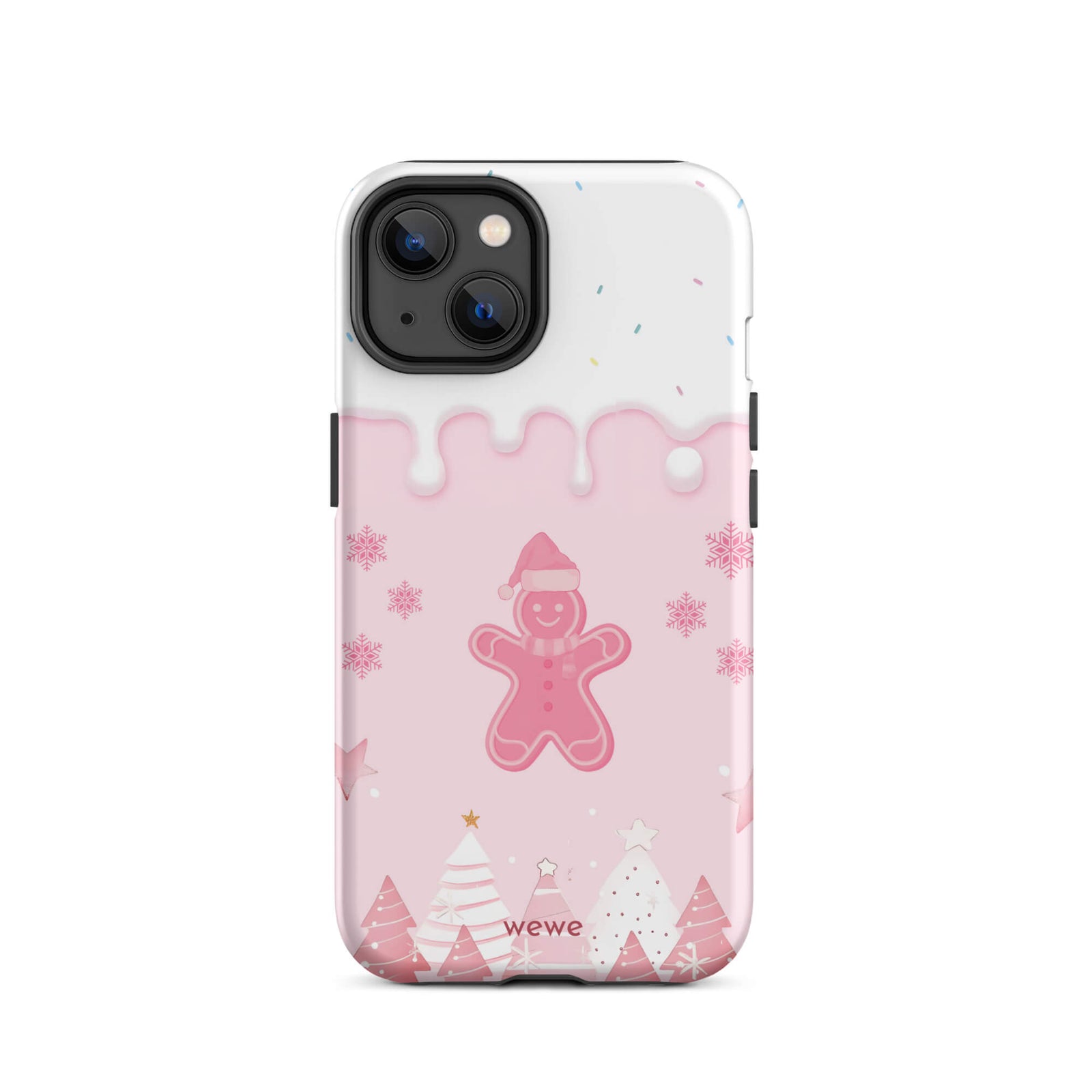 Custom iPhone 14 tough case featuring a white top panel with colorful sprinkles and a pink icing drip border, showcasing a cute gingerbread man wearing a Santa hat, surrounded by pink snowflakes and stylized pink/white Christmas trees, with 'wewe' branding at the bottom.